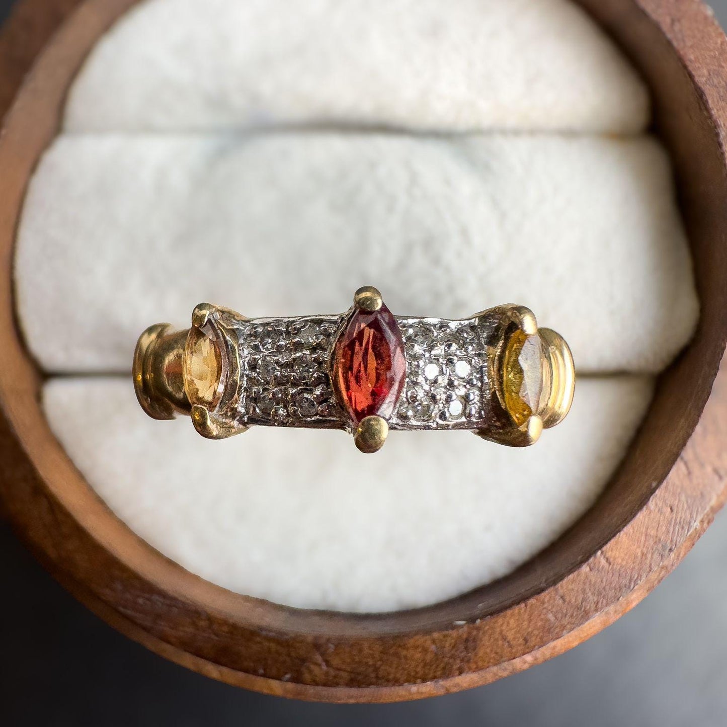 9ct Solid Gold Vintage Citrine and Ruby Ring | Art Deco Inspired Gemstone Band | English Hallmarked | UK N - US 6.75 | Resizable |