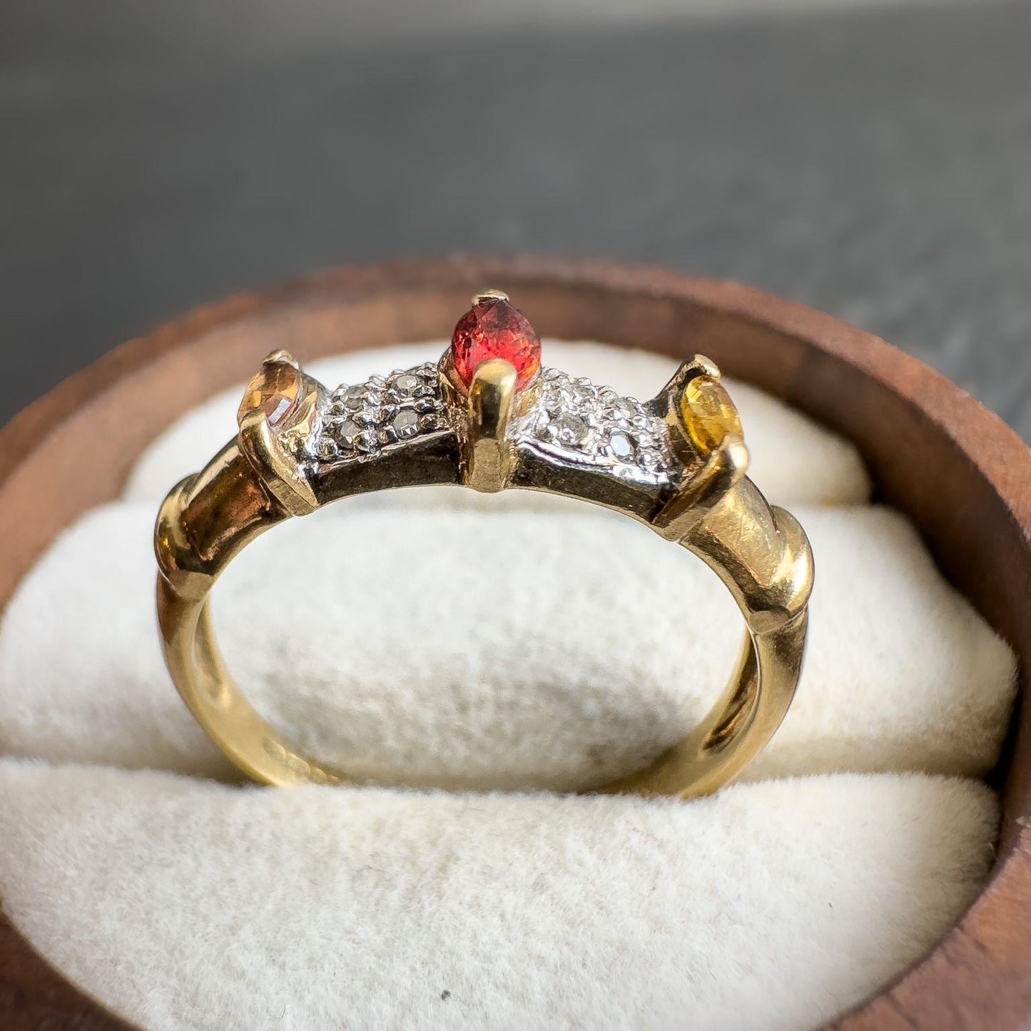 9ct Solid Gold Vintage Citrine and Ruby Ring | Art Deco Inspired Gemstone Band | English Hallmarked | UK N - US 6.75 | Resizable |