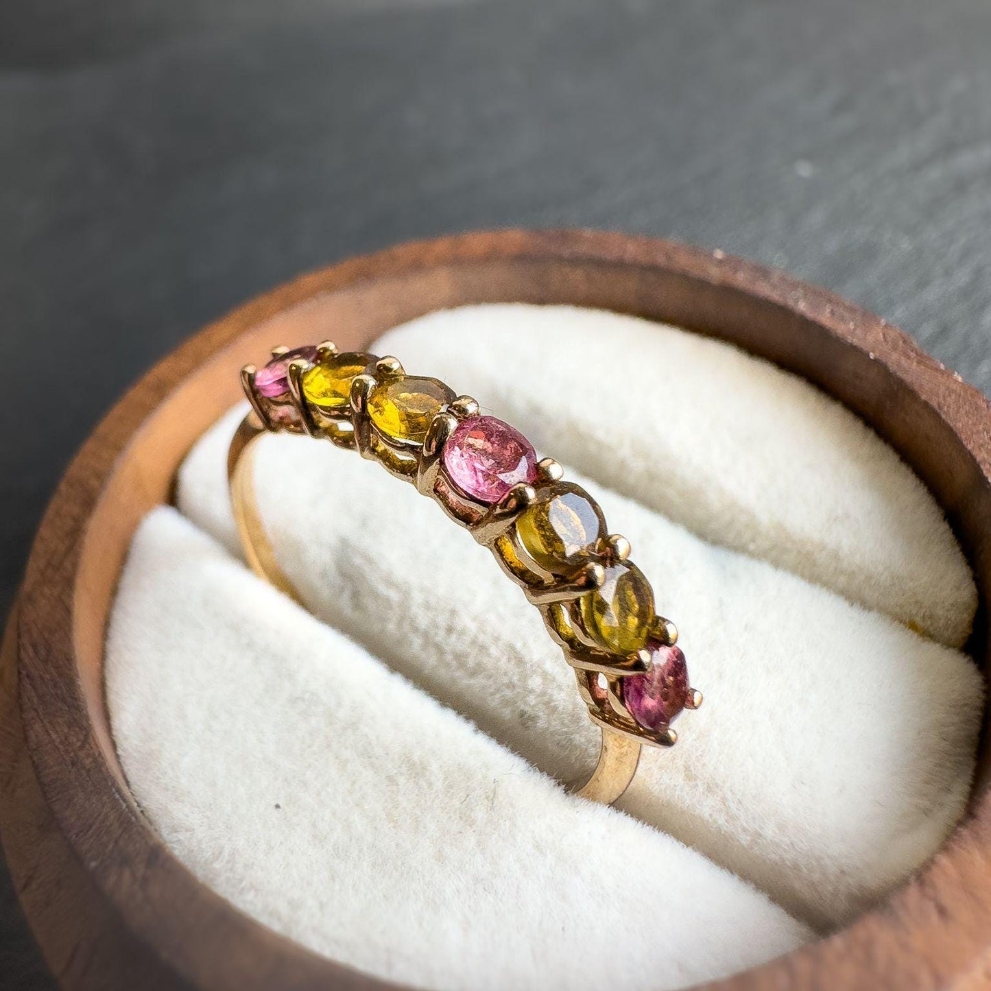 Vintage 9ct Gold Tourmaline Eternity Ring | Solid Gold Multi-Stone Band | Pink & Yellow Tourmaline Jewelry Gift | UK S - US 9 |