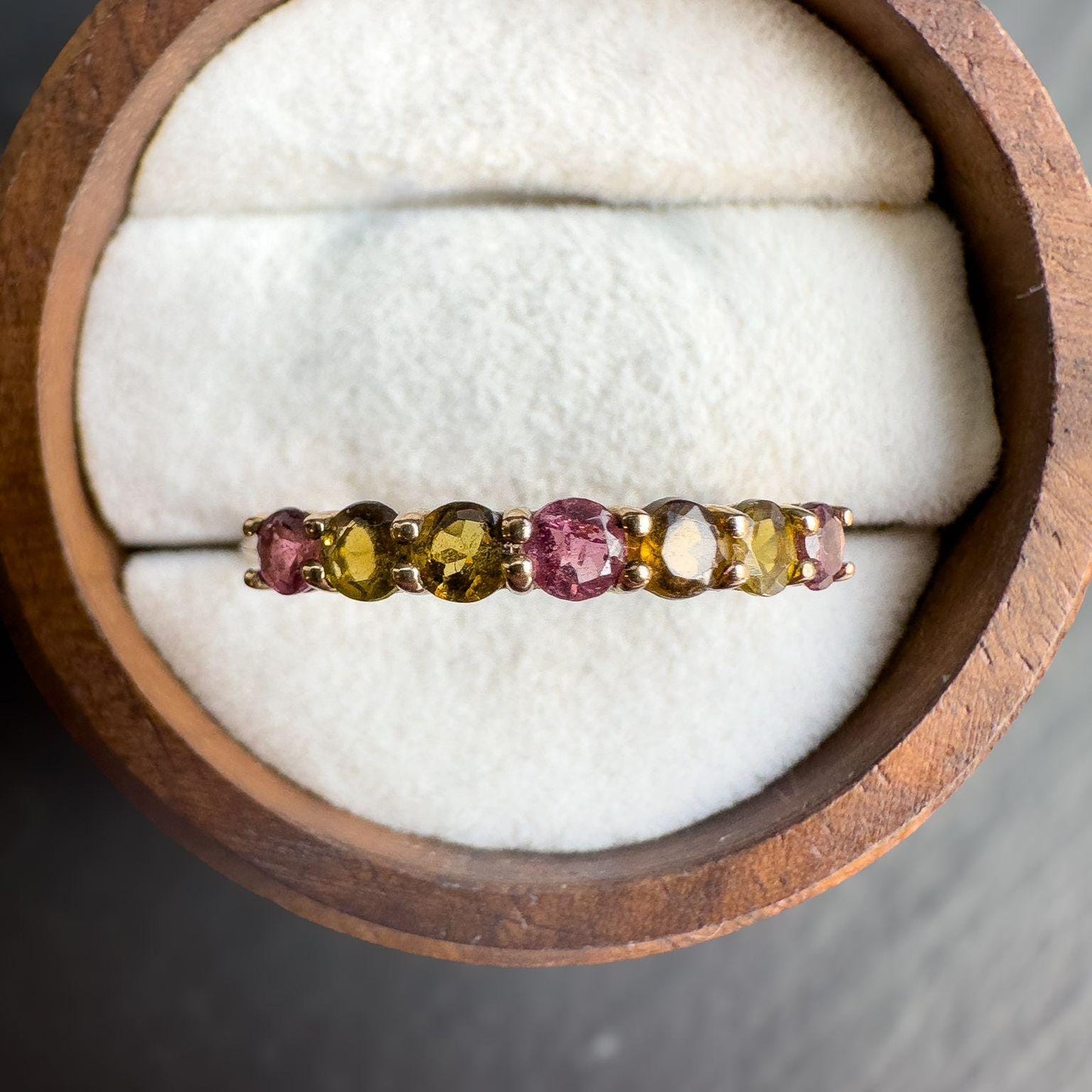Vintage 9ct Gold Tourmaline Eternity Ring | Solid Gold Multi-Stone Band | Pink & Yellow Tourmaline Jewelry Gift | UK S - US 9 |