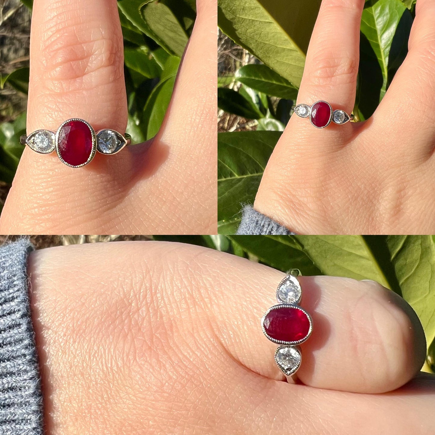 Stunning 18ct Solid White Gold Ruby and Diamond Ring | Art Deco-Inspired Jewelry | Unique Engagement Ring | UK N - US 7 |