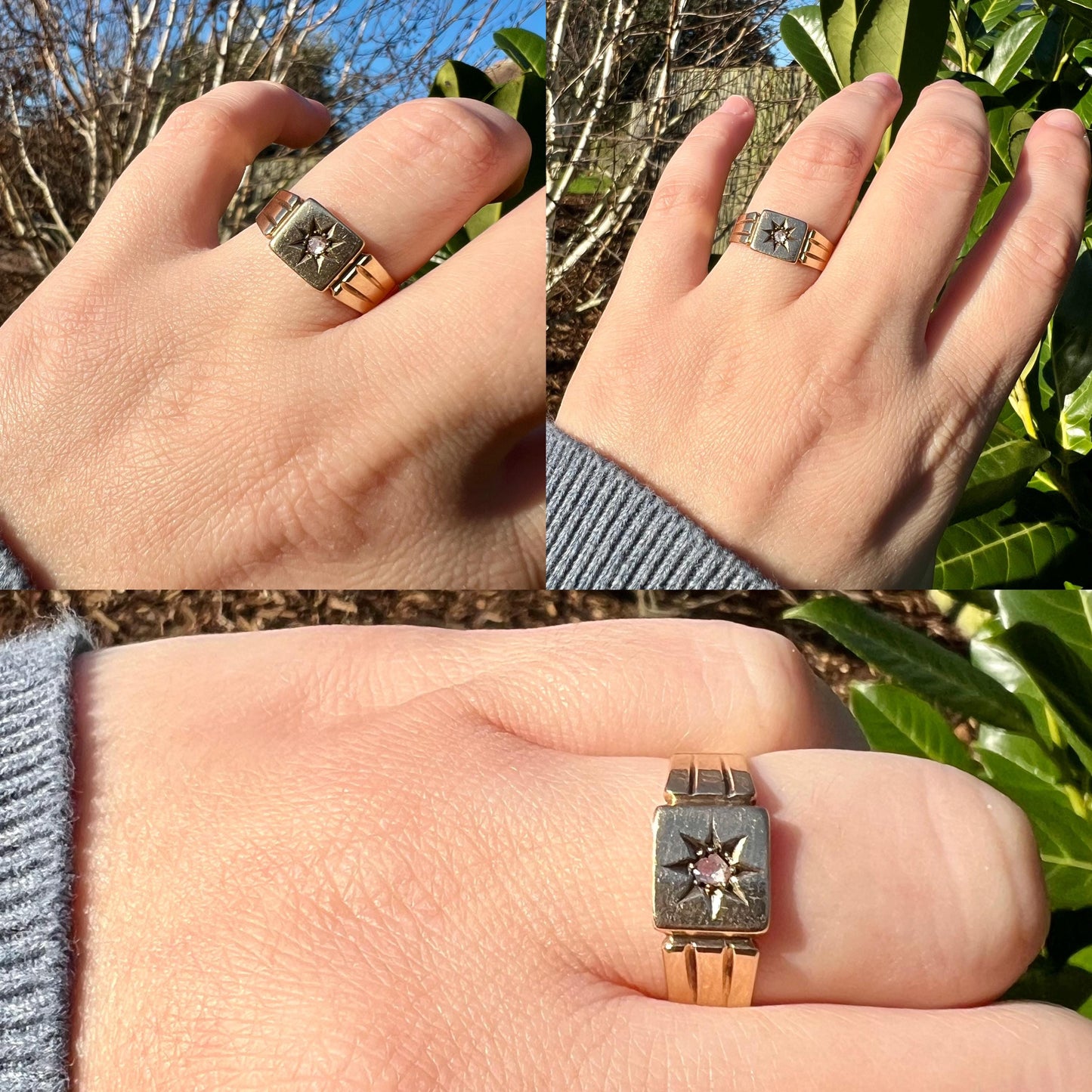 9ct Gold Diamond Star Ring | Vintage Unisex Signet Ring | Unique Gold Gypsy Ring | UK W - US 11 | Resizable | Retro Gold Jewelry |