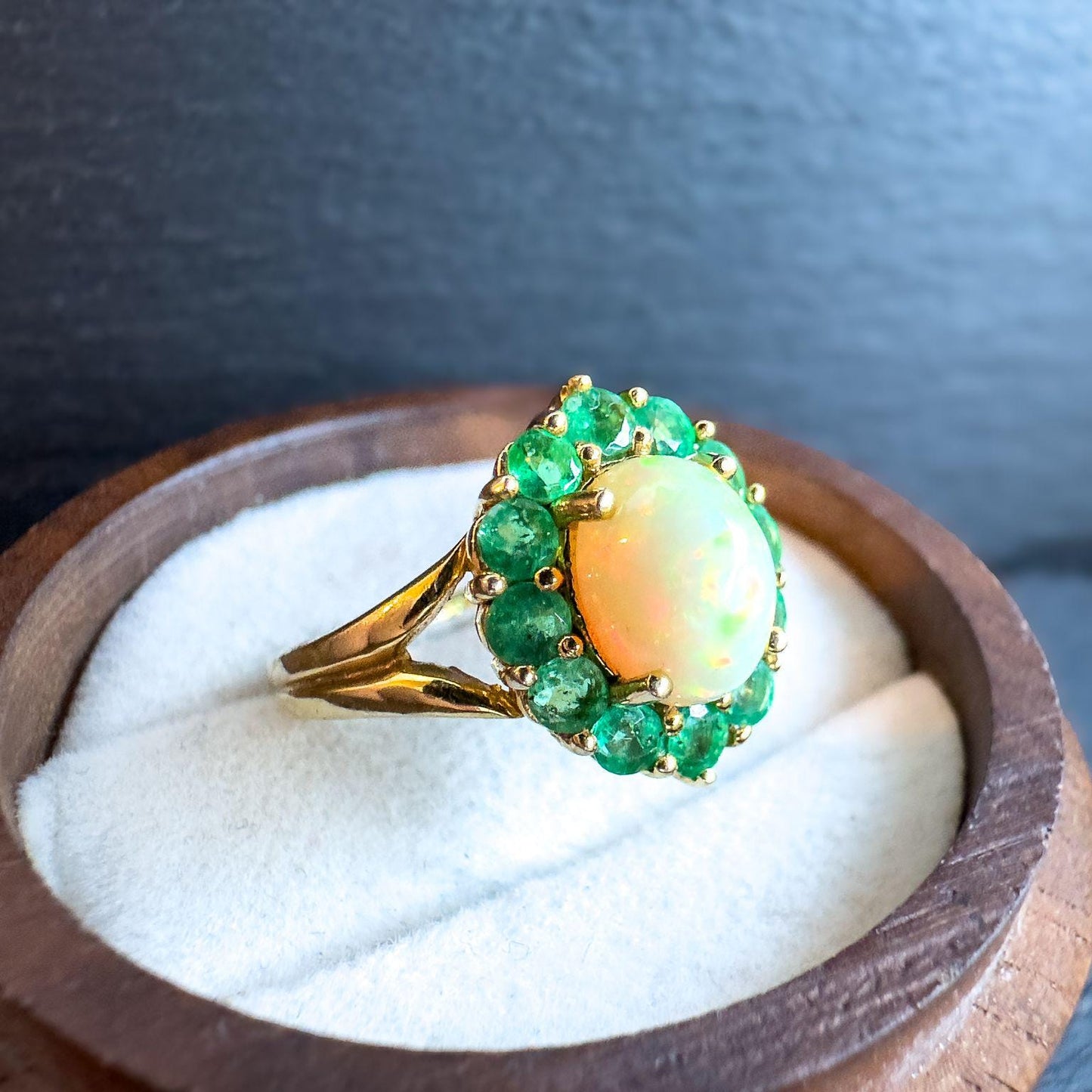 Vintage 9ct Solid Gold Opal and Emerald Cluster Ring | Unique Gemstone Statement Ring | English Hallmarks | UK K 1/2 -US 5.5 | Resizable