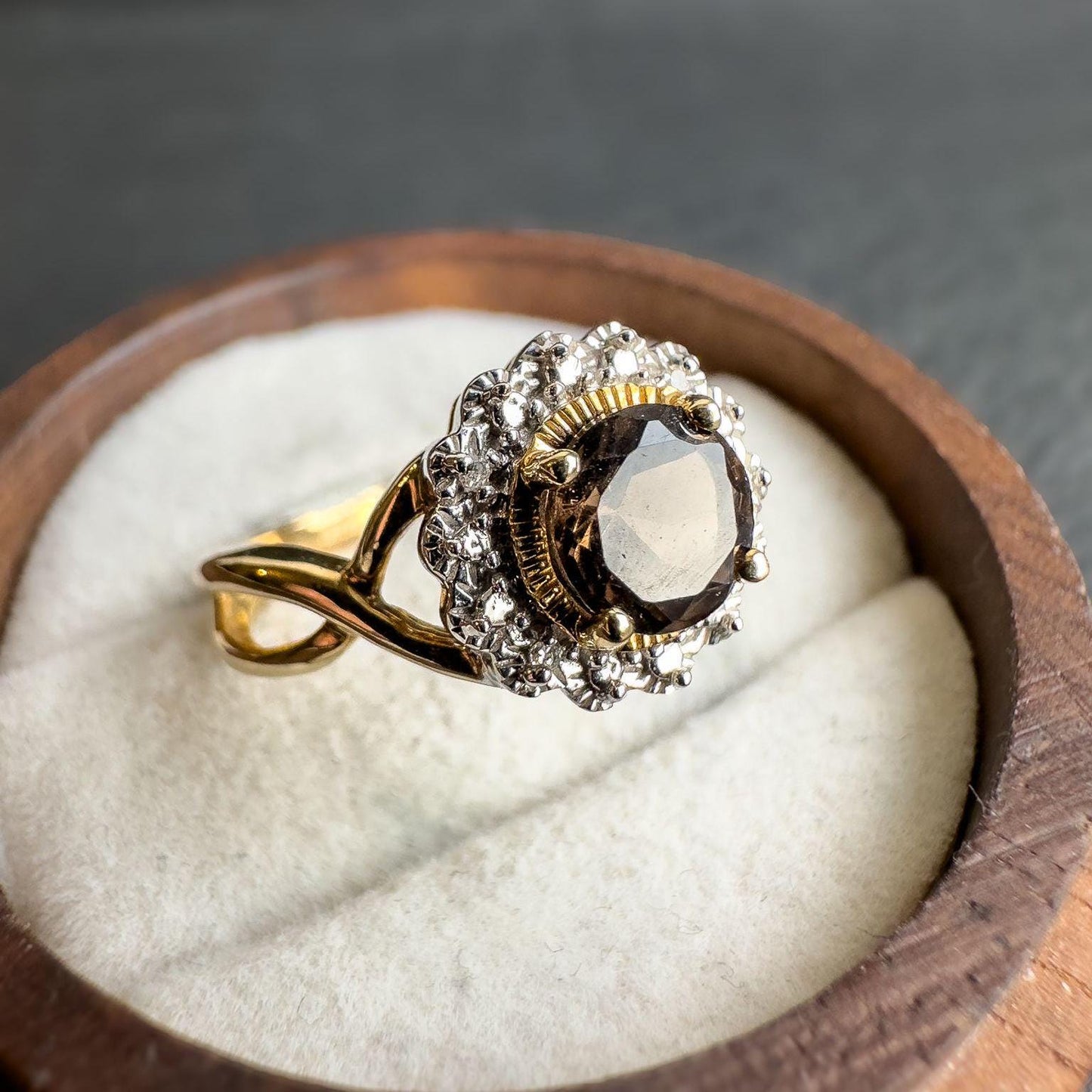 Stunning Vintage 9ct Solid Gold Smoky Quartz & Diamond Cluster Ring | Elegant Cocktail Ring | English Hallmarks | UK N - US 6.75 | Resizable