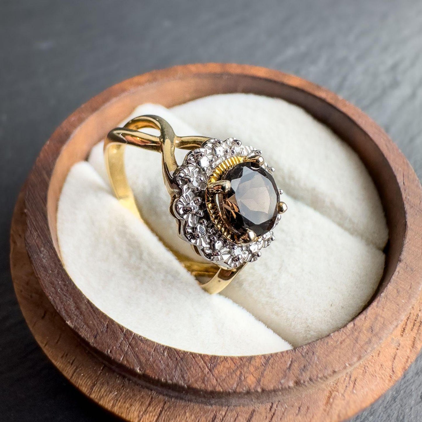 Stunning Vintage 9ct Solid Gold Smoky Quartz & Diamond Cluster Ring | Elegant Cocktail Ring | English Hallmarks | UK N - US 6.75 | Resizable