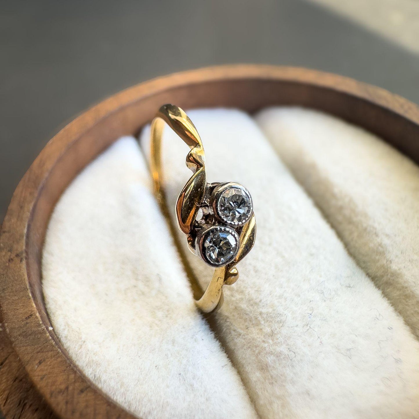 Antique 18ct Gold & Diamond Ring | Edwardian Era Design | Genuine Solid Gold | Unique Two-Stone Accent | UK J - US 4.75 | Resizable |