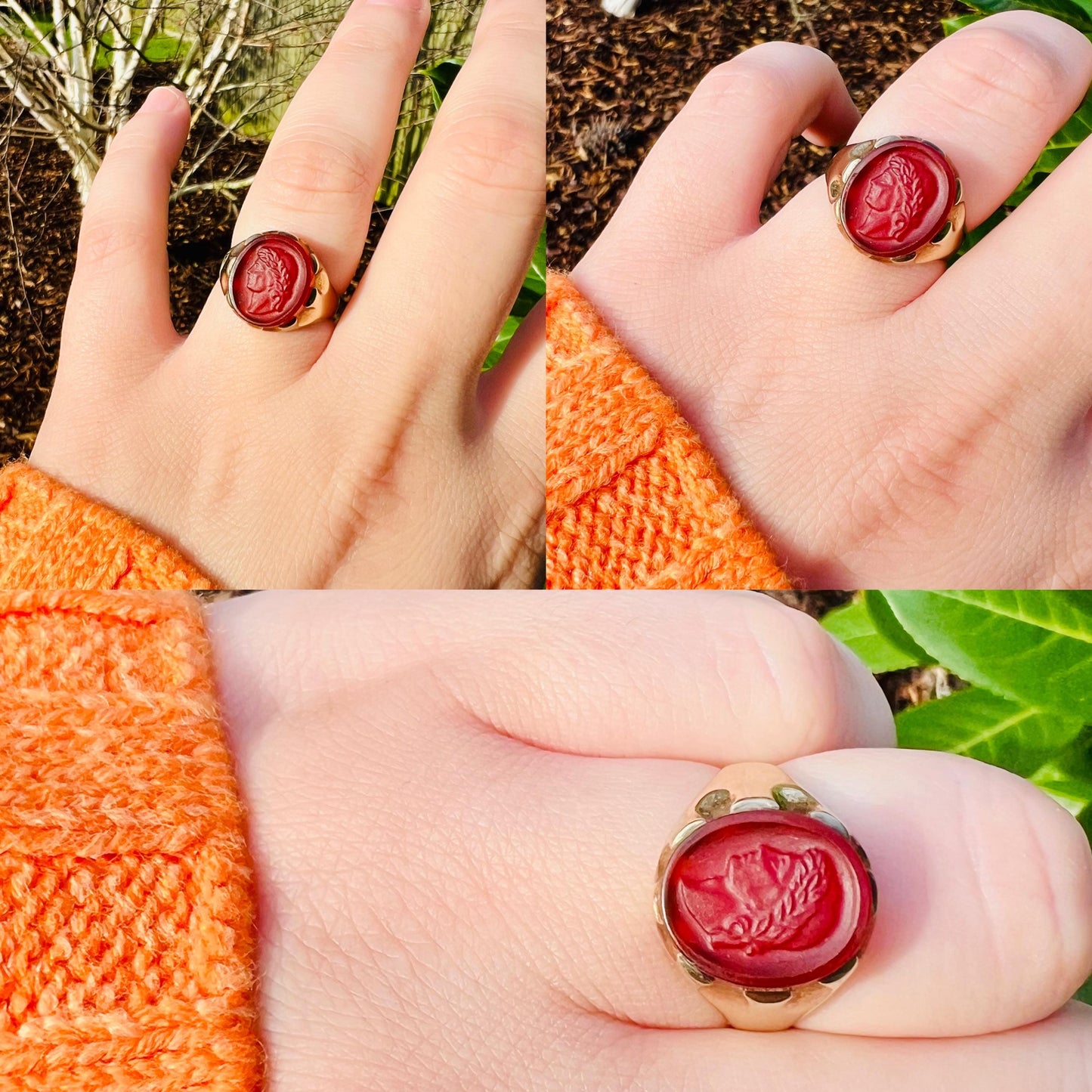 9ct Gold Carnelian Intaglio Ring | Roman Style Cameo Ring | Vintage Signet Ring | English Hallmarked | UK R - US 8.5 | Resizable |