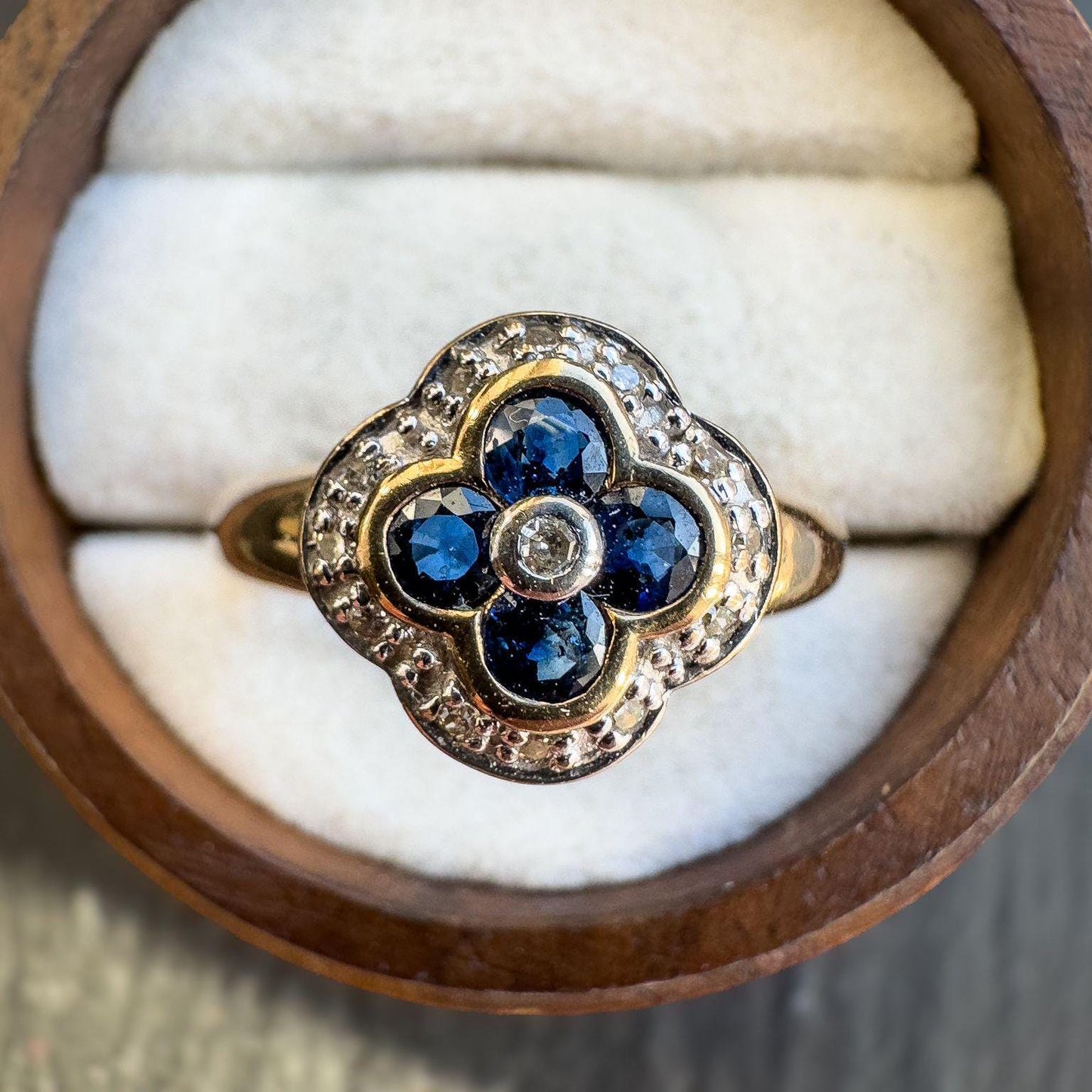 9ct Solid Gold Vintage Sapphire & Diamond Ring, Floral Cluster Design, Blue Sapphire and White Diamond Cocktail Ring | UK P - US 7.5