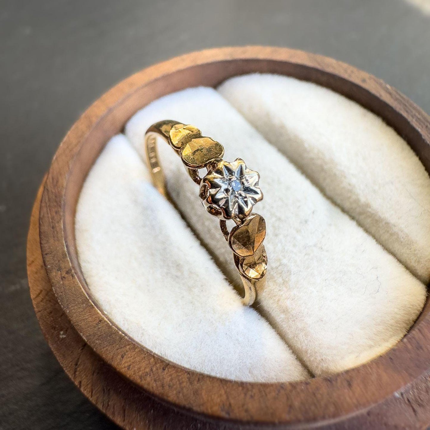 9ct Solid Gold Vintage Diamond Ring, Elegant Gold Band with Starburst Design, Promise Ring, English Hallmarked | UK L 1/2 - US 6 | Resizable