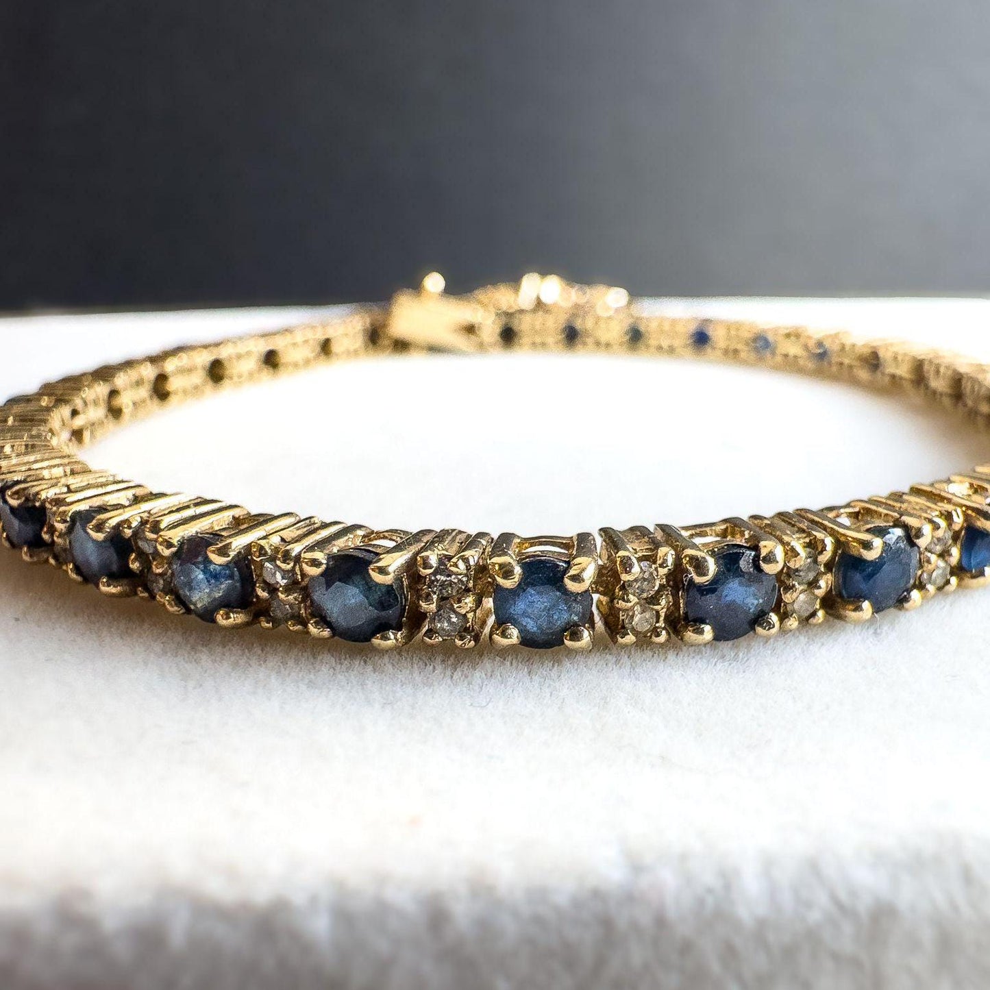 Vintage | 9ct Solid Gold Sapphire & Diamond Tennis Bracelet - Elegant Gold Tennis Bracelet - September Birthstone Gift | English Hallmarks