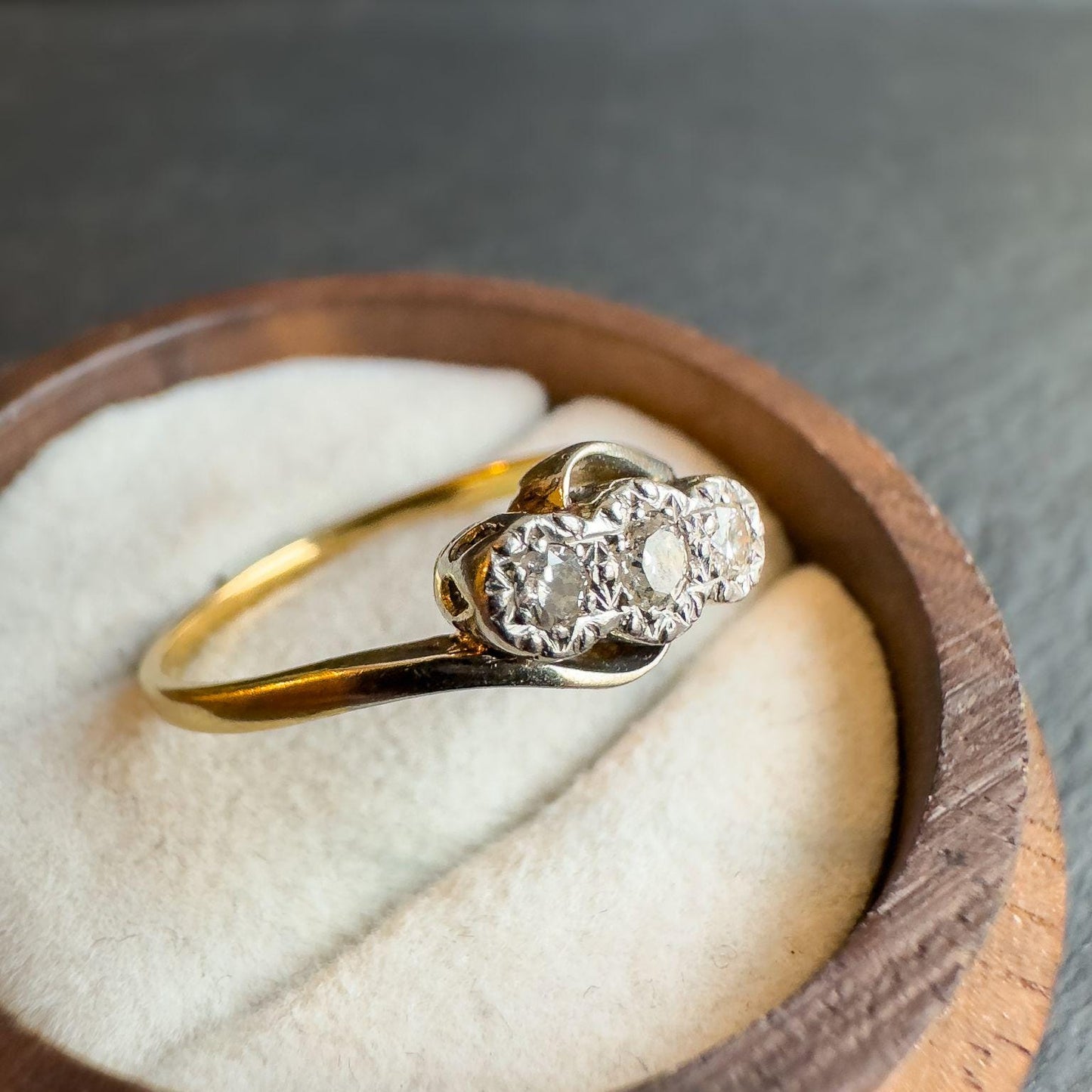 15ct Solid Gold Antique Diamond Ring | Art Deco Style 3-Stone Design | Elegant Antique Jewelry Gift | UK Q - US 8 | Resizable |
