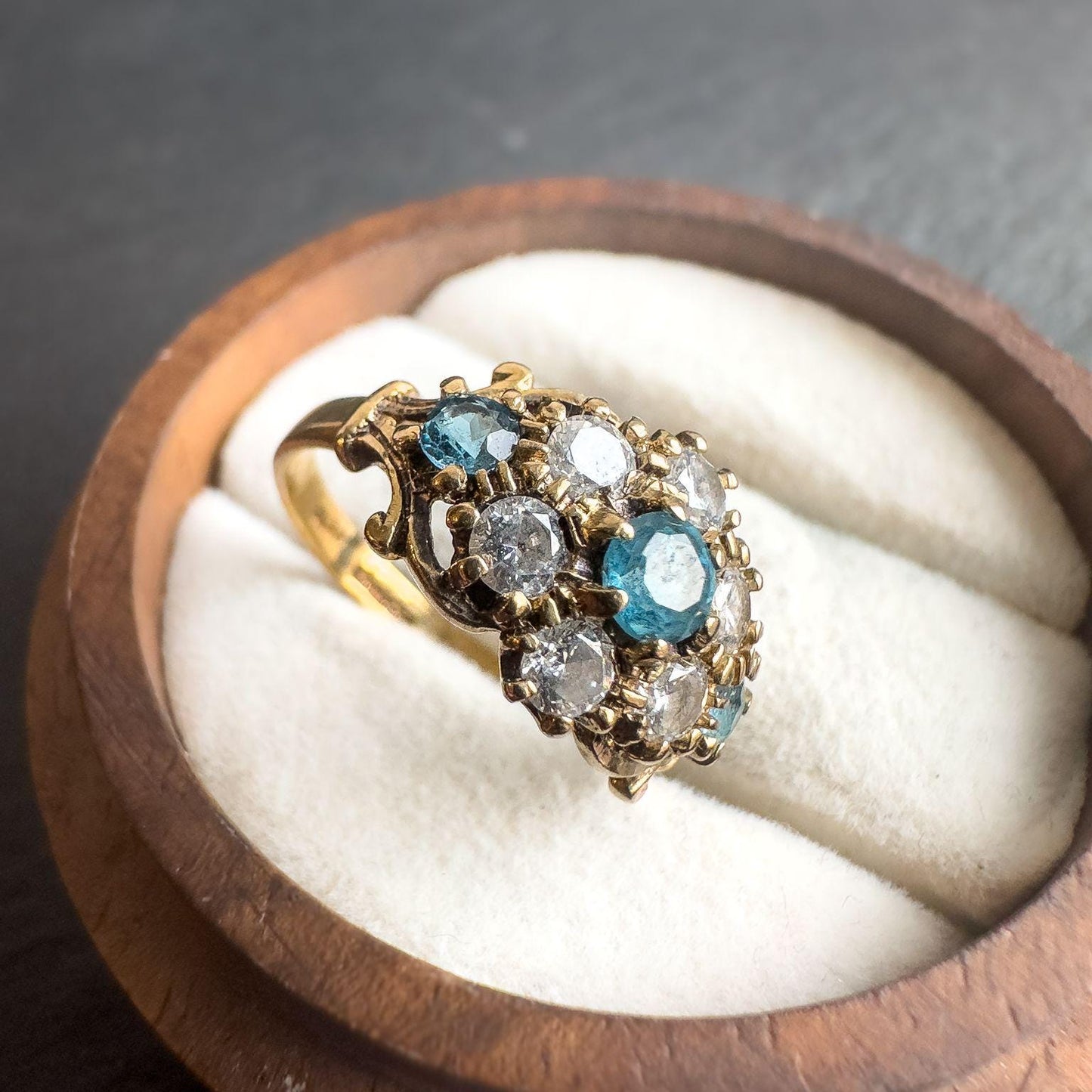 Vintage 9ct Solid Gold Topaz & Zirconia Cluster Ring | Blue Topaz Ring | Unique Gift | UK J - US 4.75 | English Hallmarks |