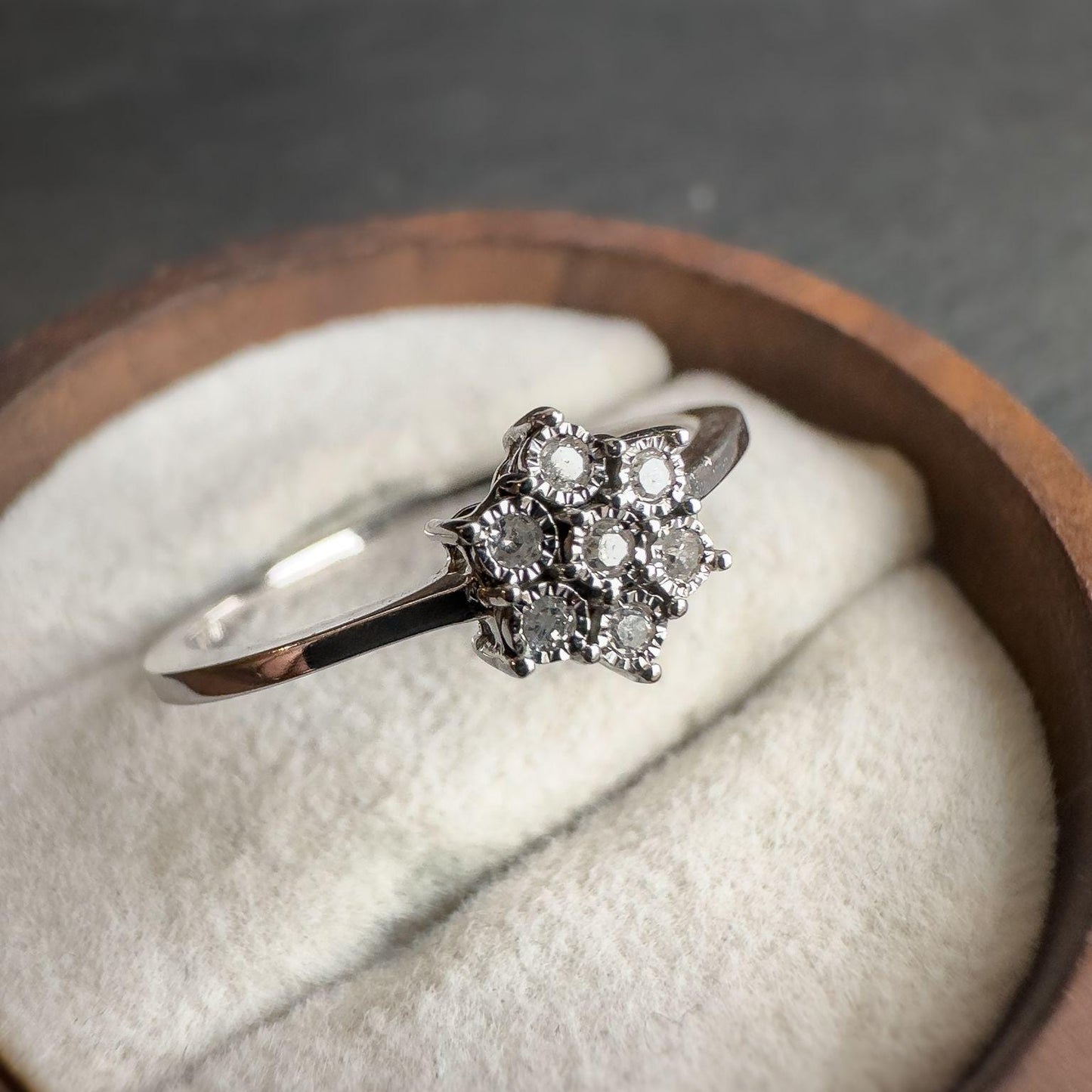 Vintage 9ct Solid White Gold Diamond Ring | Floral Cluster Design | Solid Gold Engagement Ring | UK P - US 7.5 | Resizable | Dainty Gift |