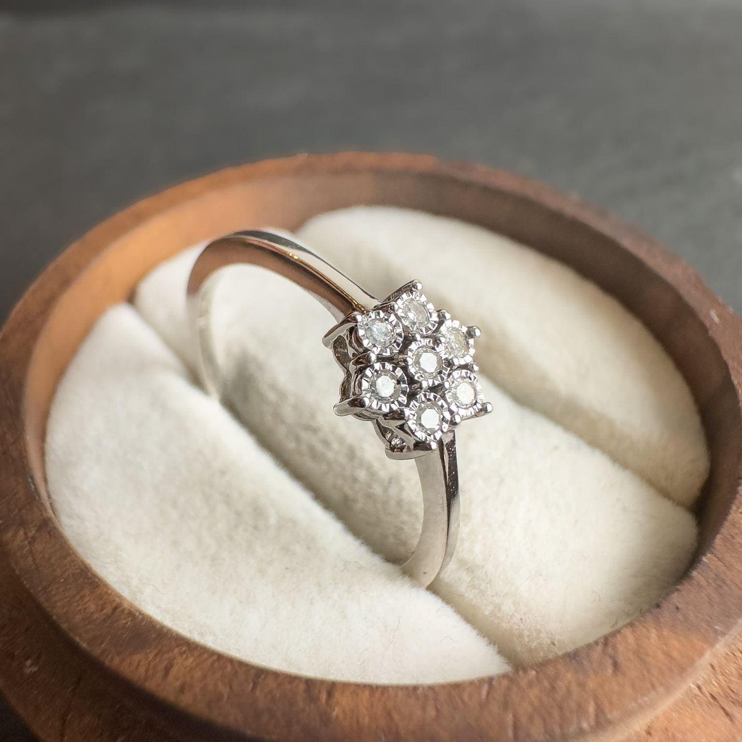 Vintage 9ct Solid White Gold Diamond Ring | Floral Cluster Design | Solid Gold Engagement Ring | UK P - US 7.5 | Resizable | Dainty Gift |
