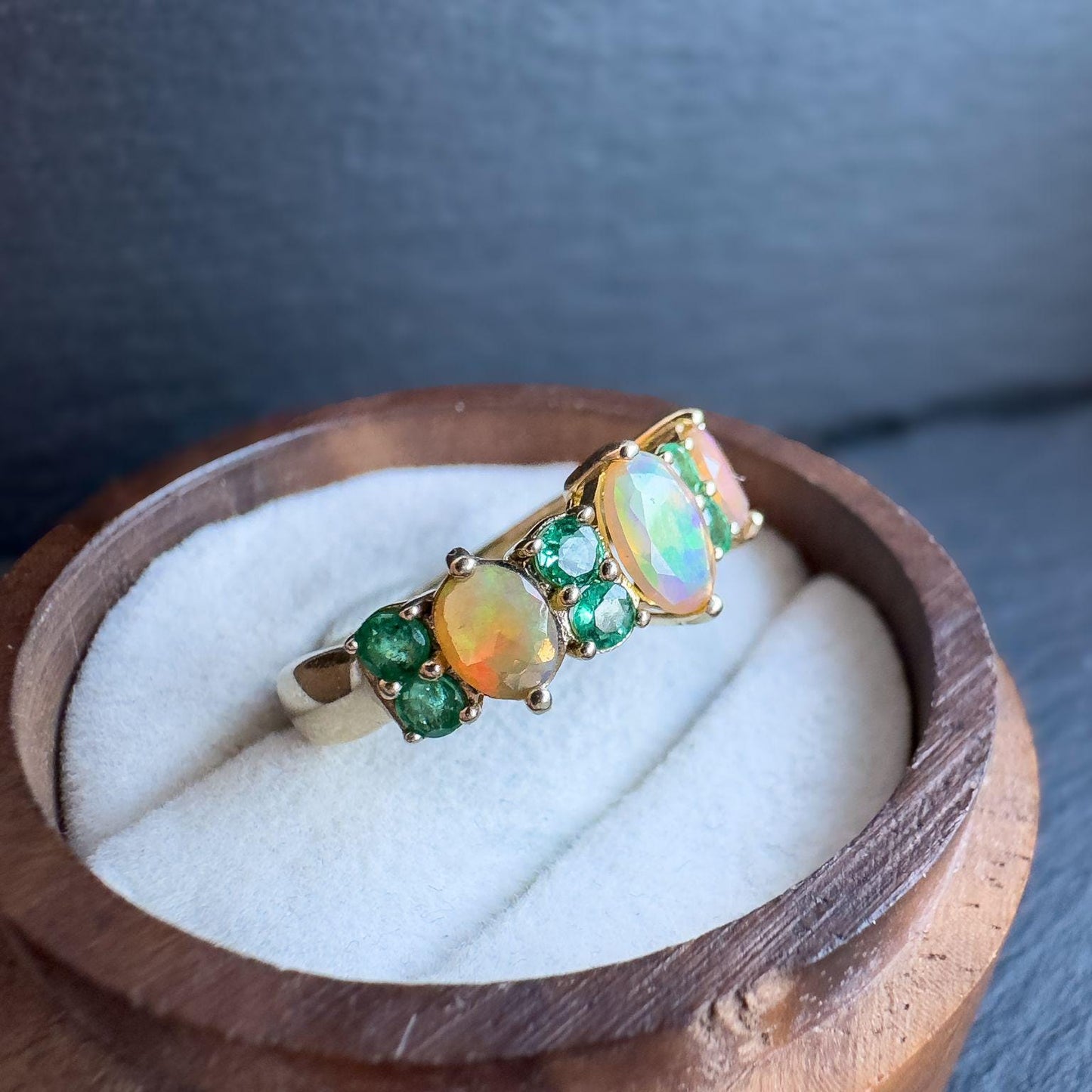 9ct Solid Gold Vintage Fire Opal and Emerald Ring | Vibrant Gemstone Band | Statement Jewelry | UK L - US 5.75 | English Hallmarked |