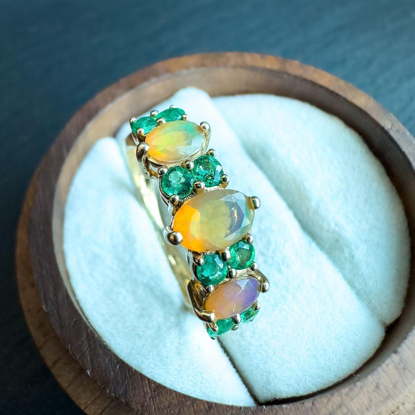 9ct Solid Gold Vintage Fire Opal and Emerald Ring | Vibrant Gemstone Band | Statement Jewelry | UK L - US 5.75 | English Hallmarked |