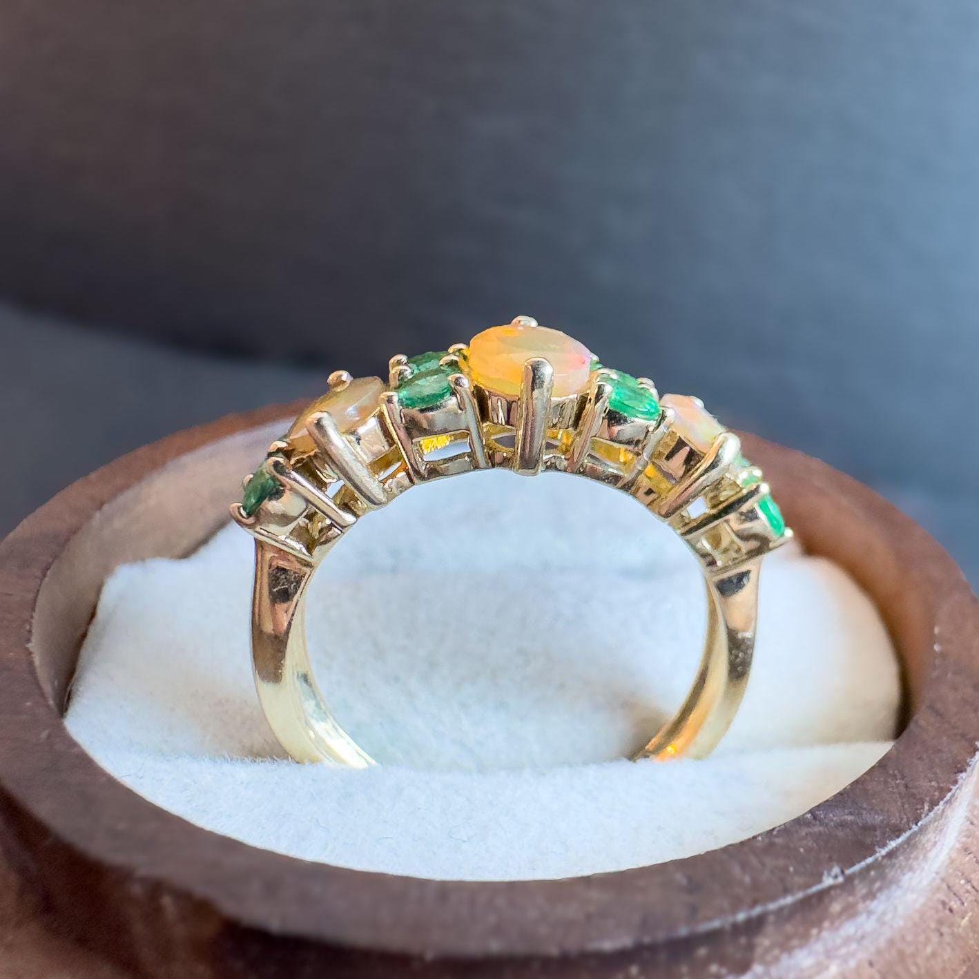 9ct Solid Gold Vintage Fire Opal and Emerald Ring | Vibrant Gemstone Band | Statement Jewelry | UK L - US 5.75 | English Hallmarked |