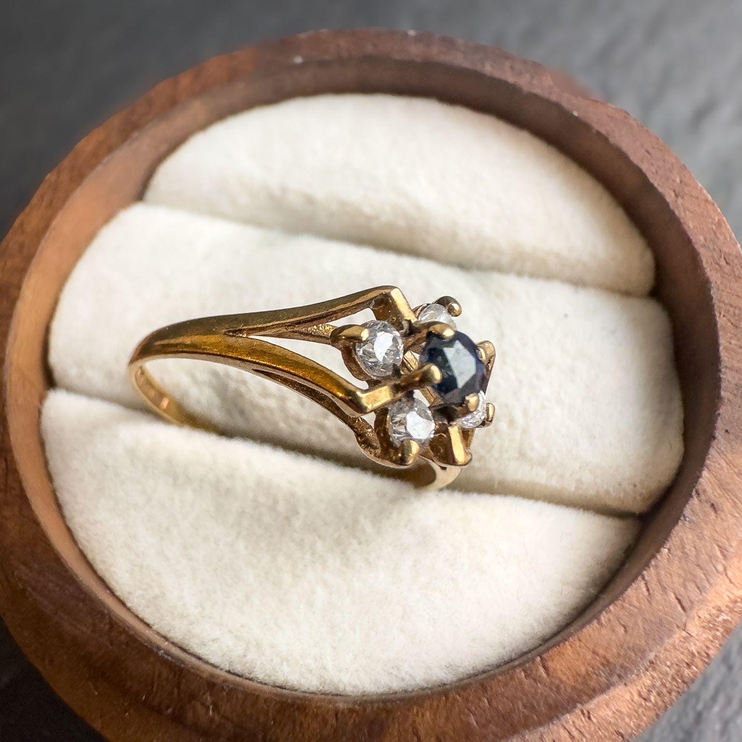 Vintage 9ct Gold Sapphire Ring | Elegant Quartz CZ Cluster | Solid Gold Statement Jewelry | English Hallmarks | UK M - US 6.25 |