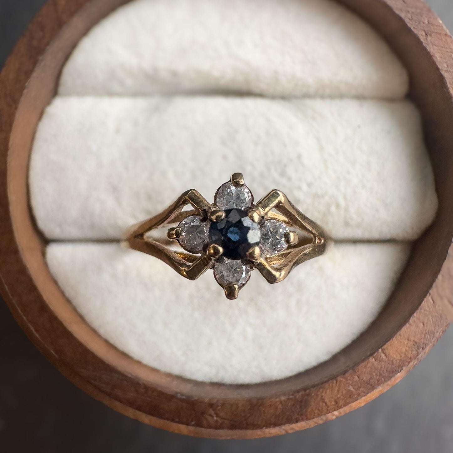 Vintage 9ct Gold Sapphire Ring | Elegant Quartz CZ Cluster | Solid Gold Statement Jewelry | English Hallmarks | UK M - US 6.25 |