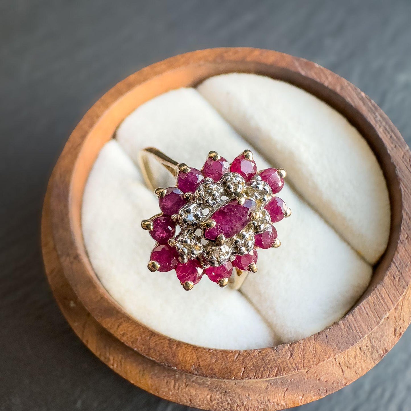 9ct Vintage Solid Gold Ruby and Diamond Cluster Ring | Bold Vintage Statement Jewelry | UK P- US 7.50 | English Hallmarked | Resizable |