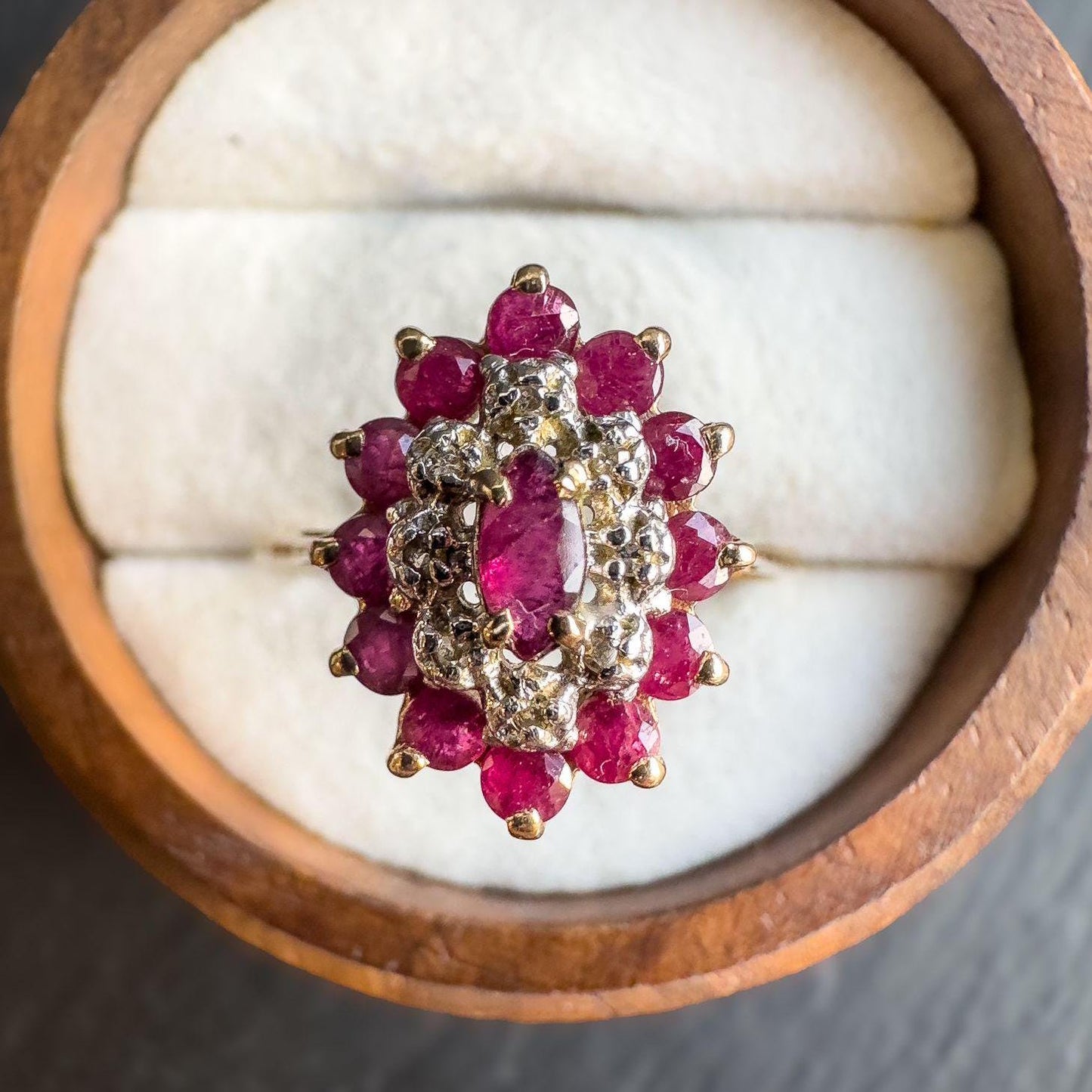 9ct Vintage Solid Gold Ruby and Diamond Cluster Ring | Bold Vintage Statement Jewelry | UK P- US 7.50 | English Hallmarked | Resizable |