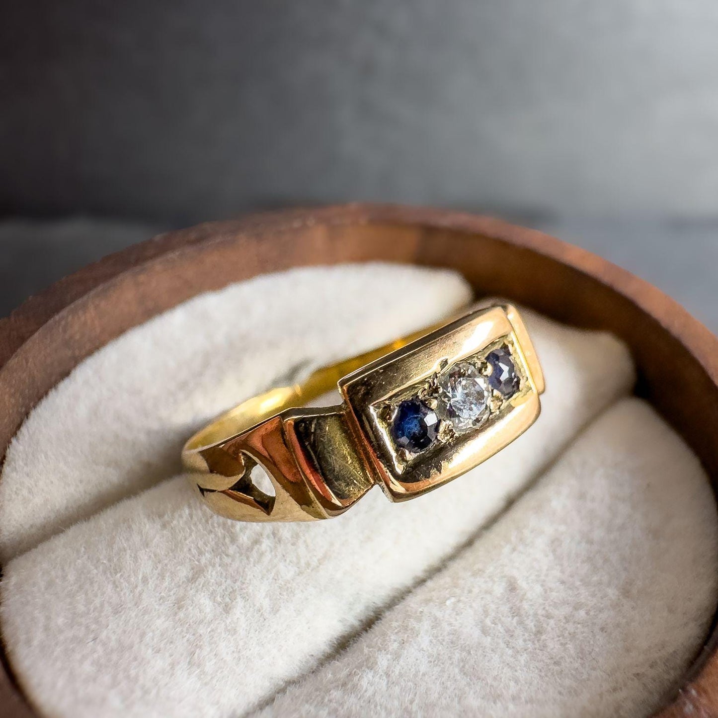 15ct Antique Solid Gold Sapphire and Diamond Gypsy Ring | Bold Mens or Unisex Jewelry | UK N 1/2 - US 7 | Victorian Ring | Resizable |