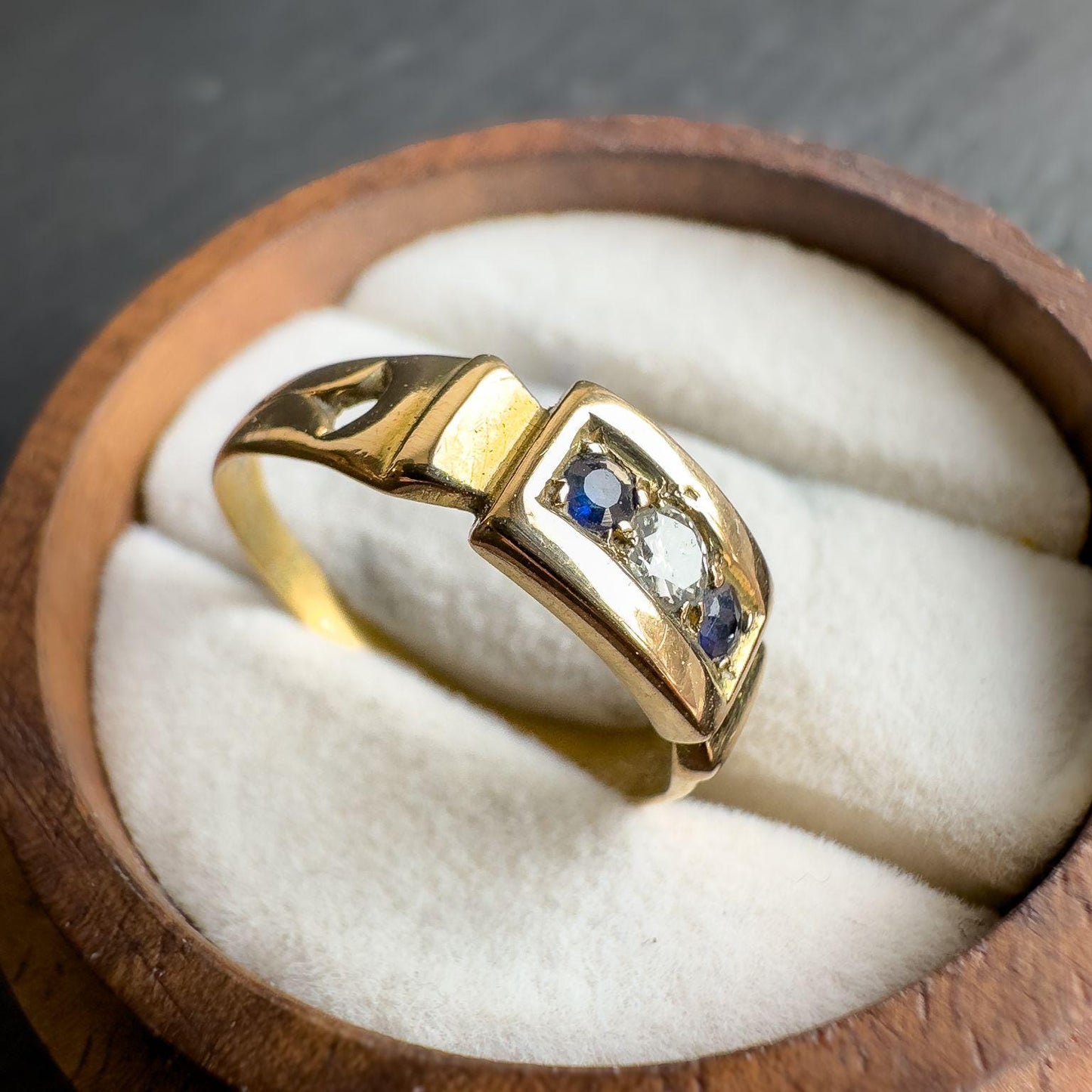 15ct Antique Solid Gold Sapphire and Diamond Gypsy Ring | Bold Mens or Unisex Jewelry | UK N 1/2 - US 7 | Victorian Ring | Resizable |