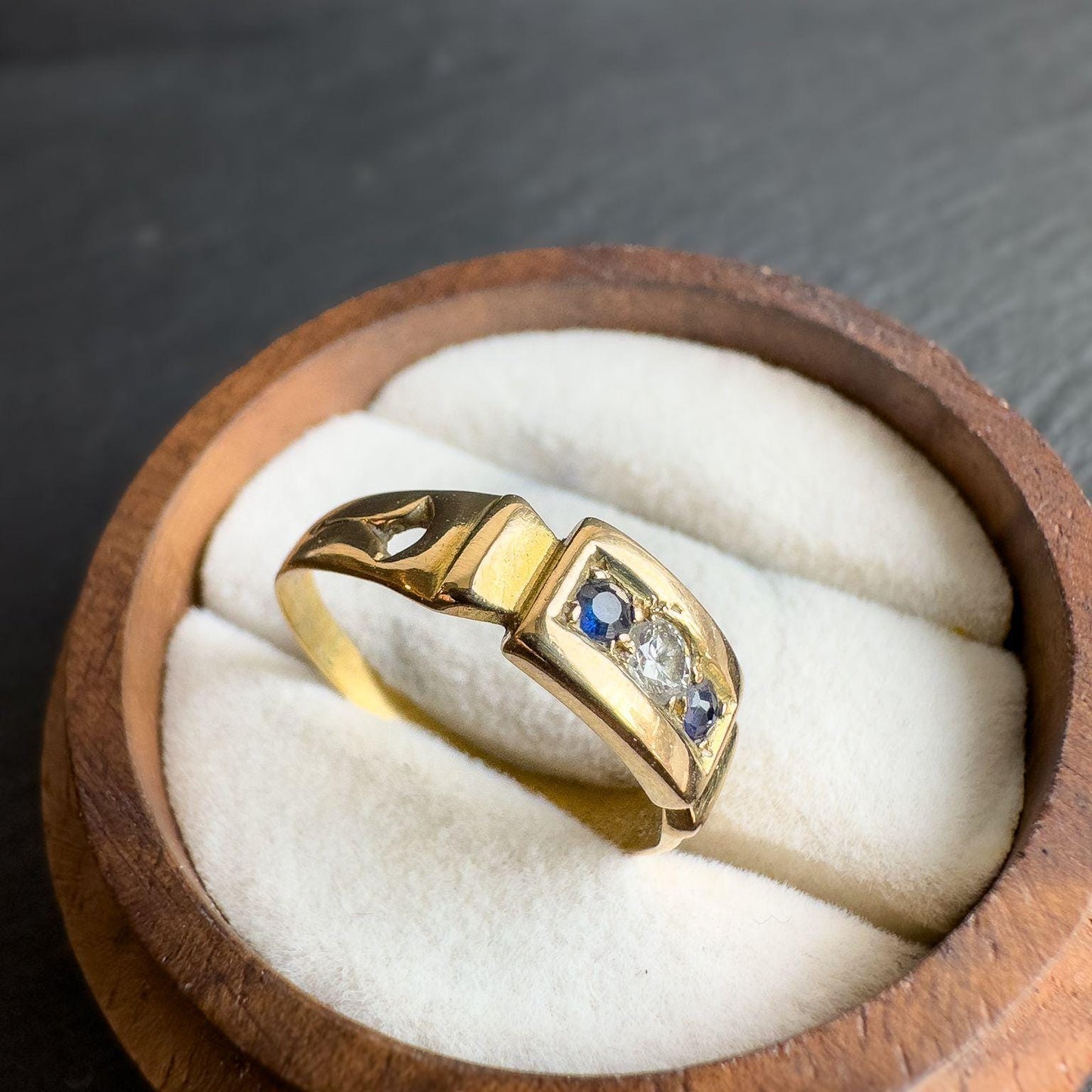 15ct Antique Solid Gold Sapphire and Diamond Gypsy Ring | Bold Mens or Unisex Jewelry | UK N 1/2 - US 7 | Victorian Ring | Resizable |