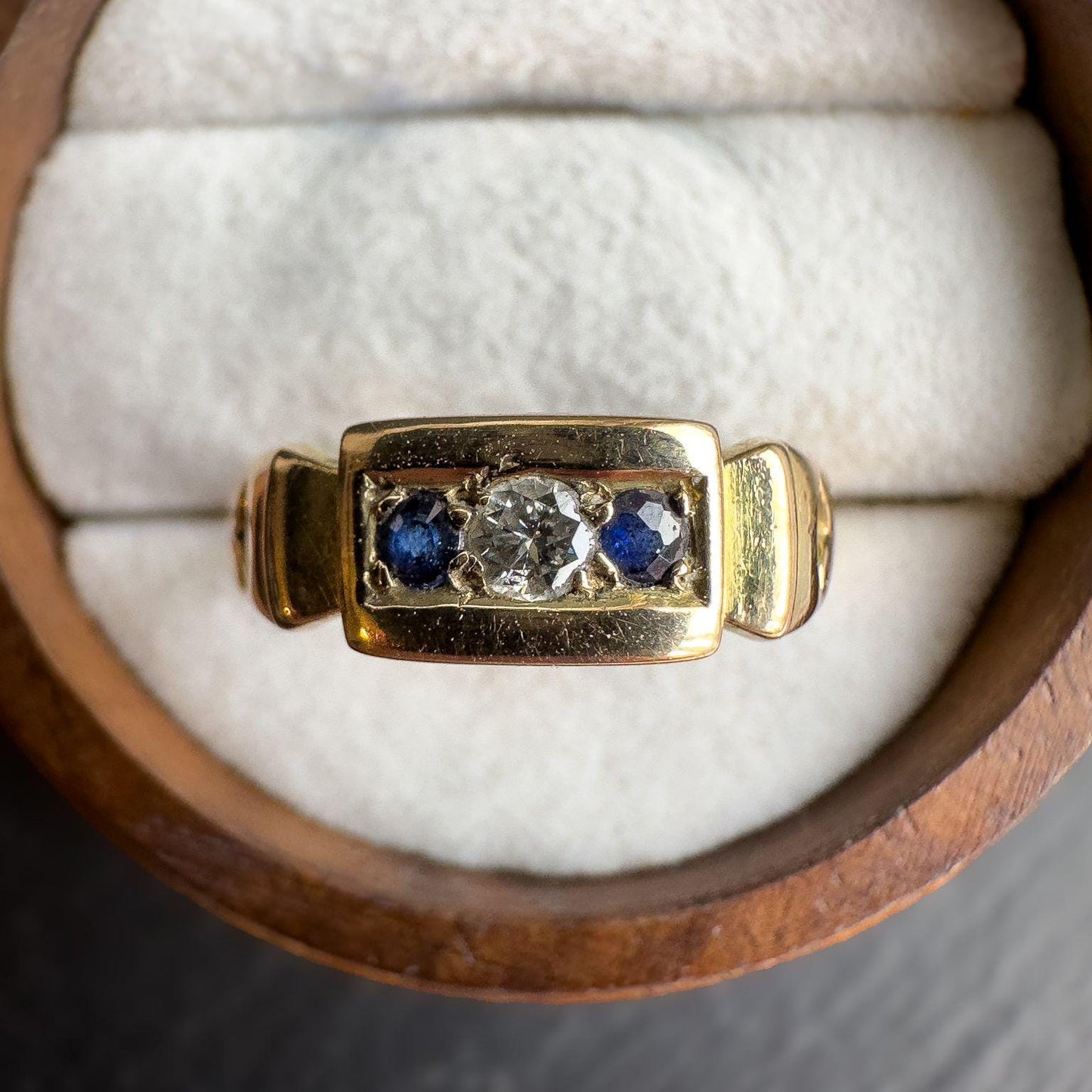 15ct Antique Solid Gold Sapphire and Diamond Gypsy Ring | Bold Mens or Unisex Jewelry | UK N 1/2 - US 7 | Victorian Ring | Resizable |