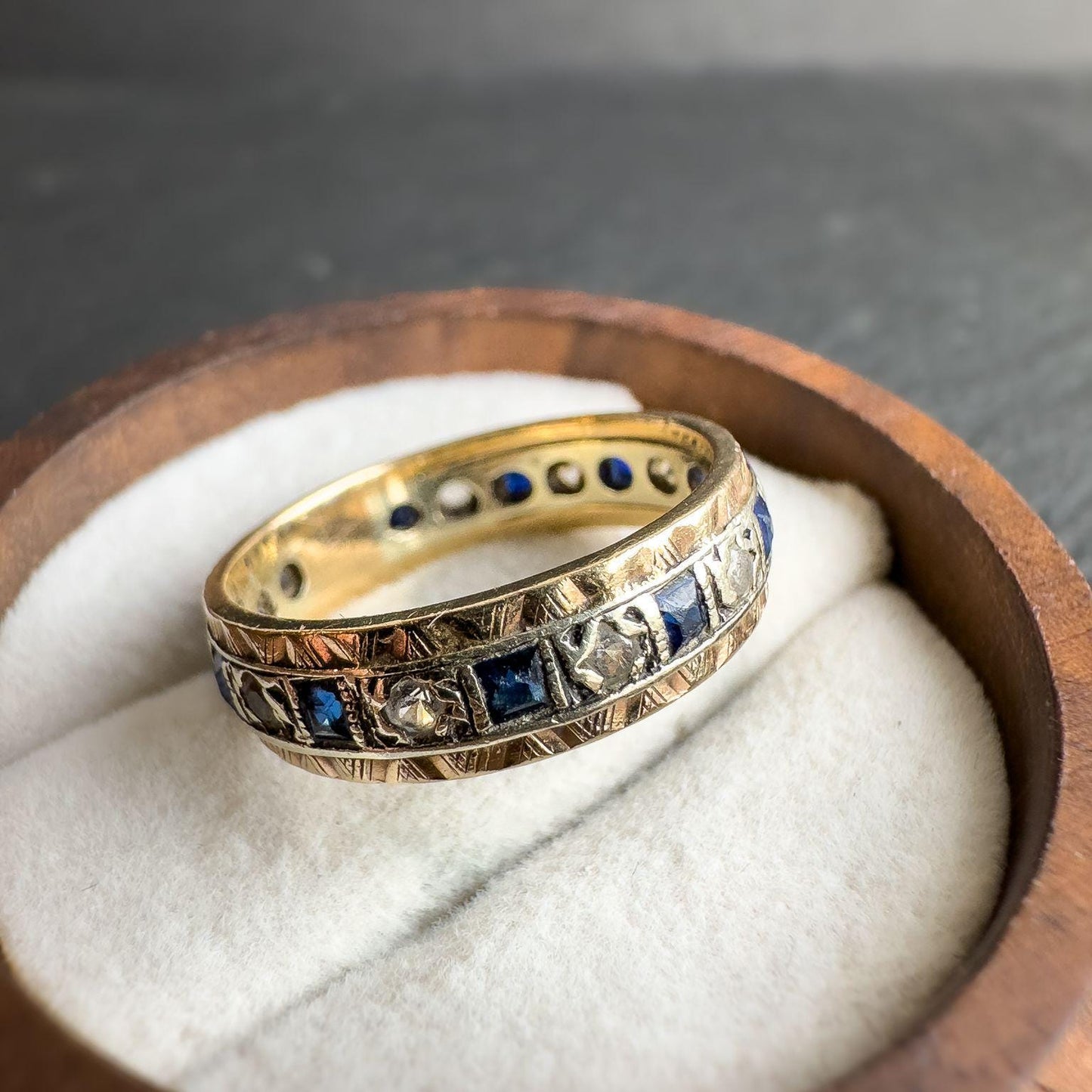9ct Vintage Solid Gold Sapphire and White Spinel Band Ring | Elegant Gemstone Eternity Ring | UK N - US 7 | Intricate Eternity Band |