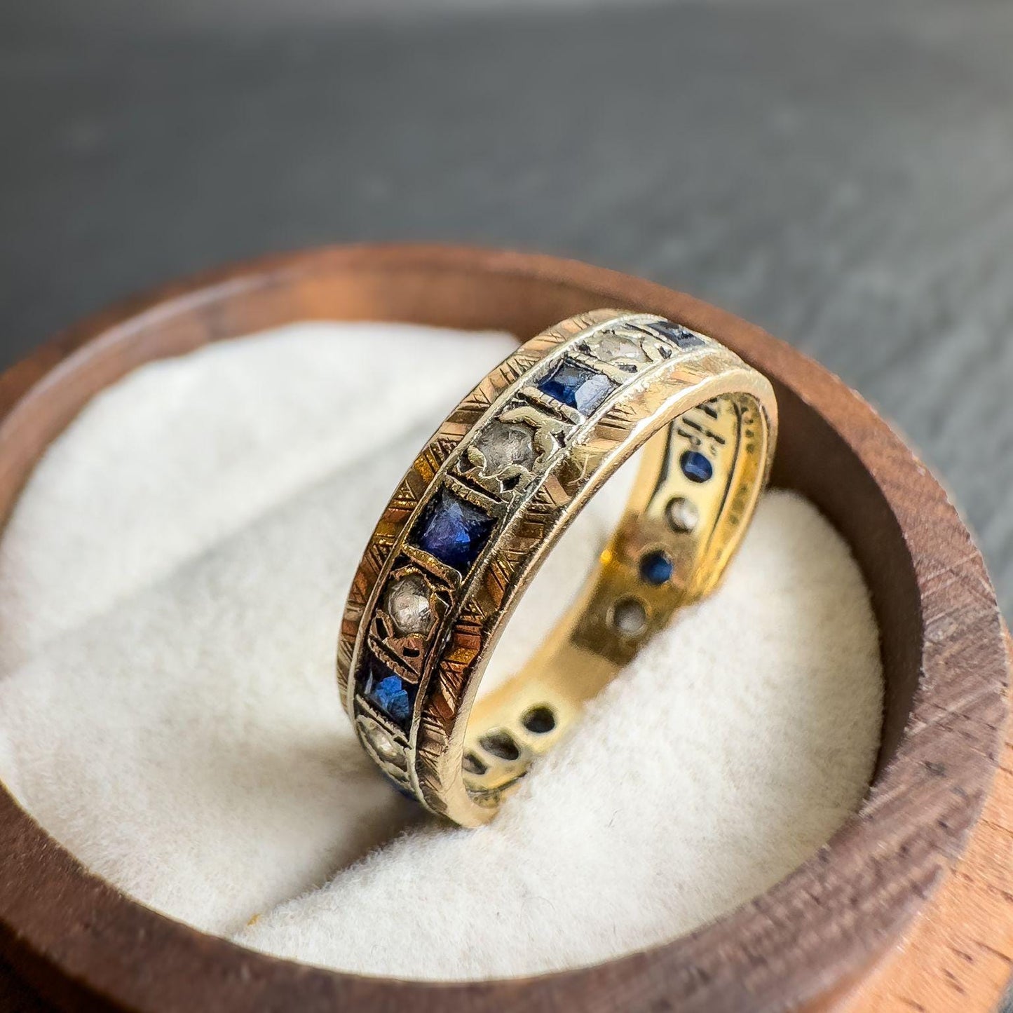 9ct Vintage Solid Gold Sapphire and White Spinel Band Ring | Elegant Gemstone Eternity Ring | UK N - US 7 | Intricate Eternity Band |