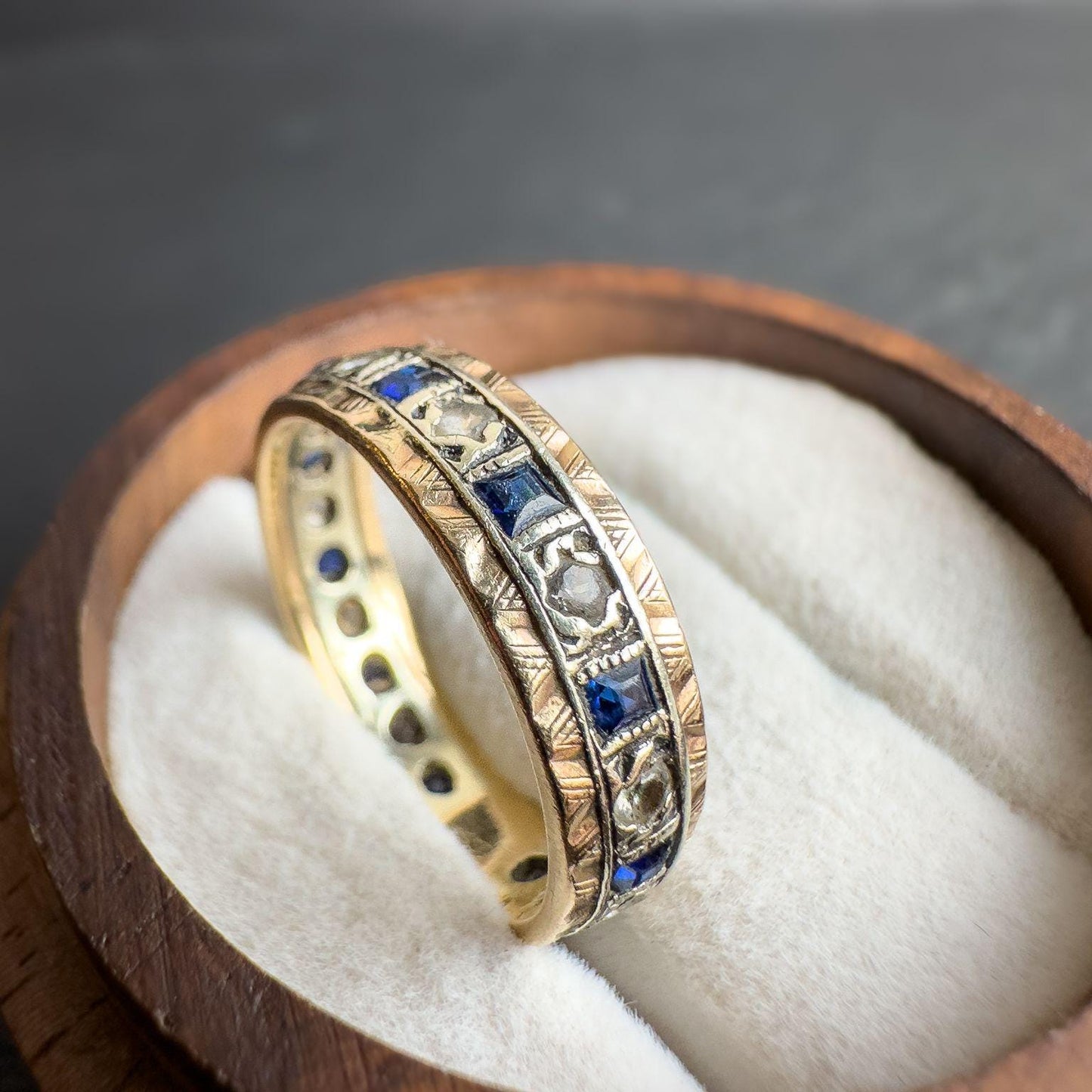 9ct Vintage Solid Gold Sapphire and White Spinel Band Ring | Elegant Gemstone Eternity Ring | UK N - US 7 | Intricate Eternity Band |