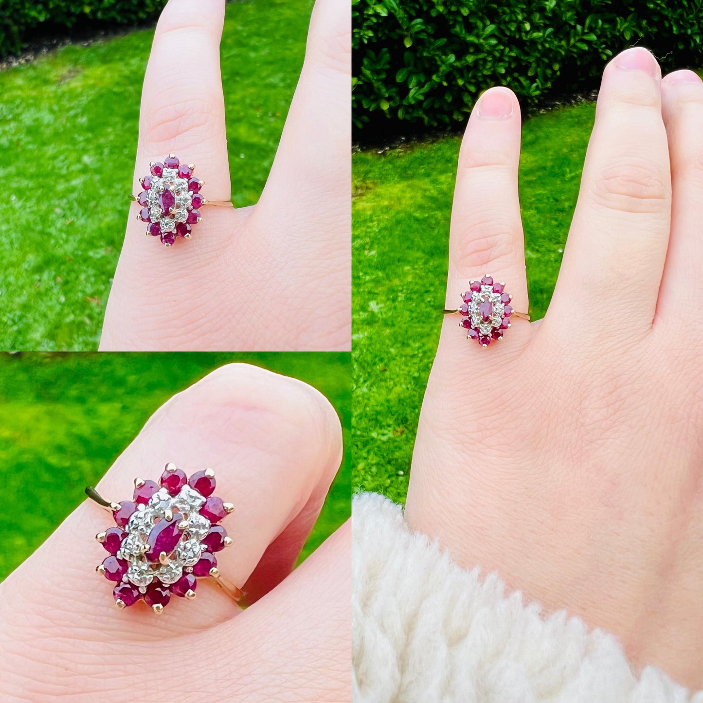 9ct Vintage Solid Gold Ruby and Diamond Cluster Ring | Bold Vintage Statement Jewelry | UK P- US 7.50 | English Hallmarked | Resizable |