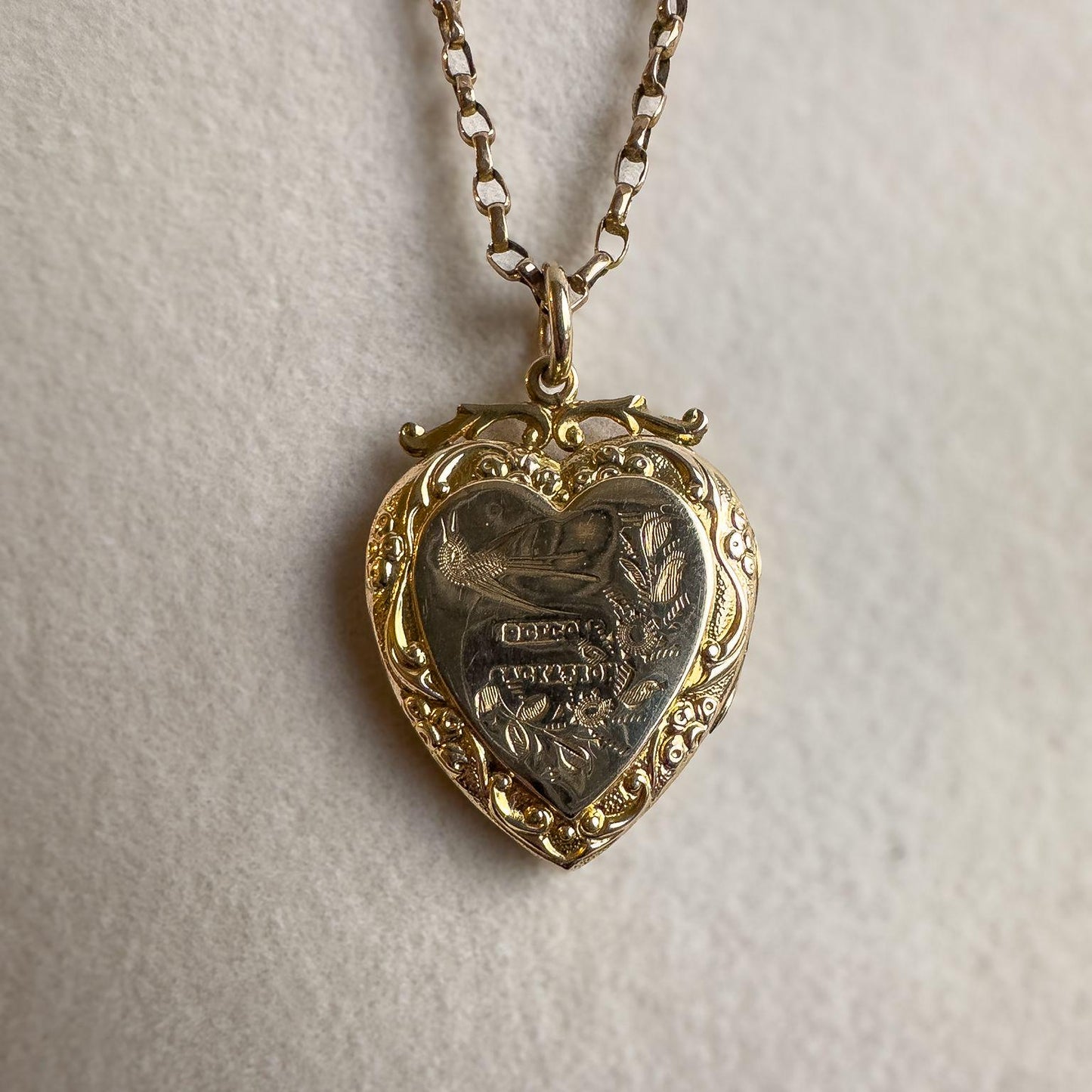 Antique 9ct Solid Gold | Victorian Engraved Heart Locket Pendant Necklace | Ornate Design | Solid Gold Belcher Chain | Vintage Jewelry