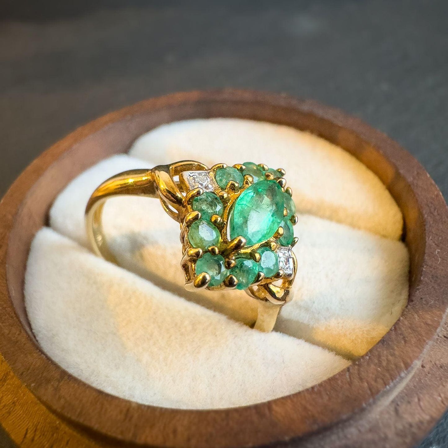 Vintage 9ct Solid Gold Emerald & Diamond Ring | Cluster Design | UK P - US 7.75 | Classic Green Gemstone Ring Gift for Her |
