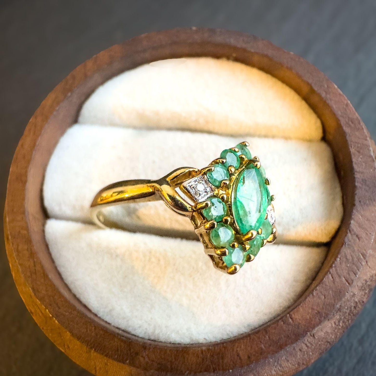 Vintage 9ct Solid Gold Emerald & Diamond Ring | Cluster Design | UK P - US 7.75 | Classic Green Gemstone Ring Gift for Her |
