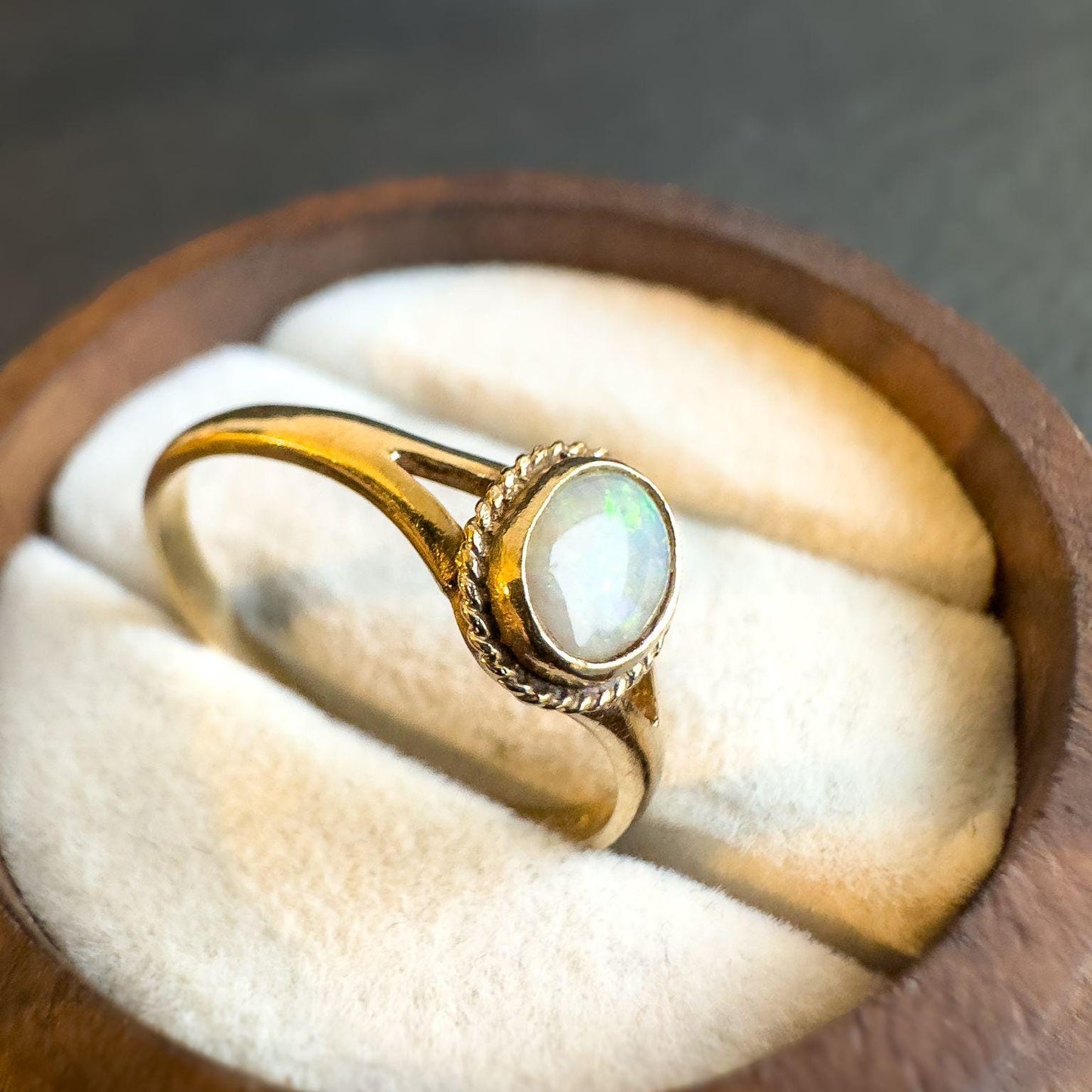 9ct Solid Gold Opal Ring | Vintage UK O US 7.25 | English Hallmarked Classic Gold Band with Oval Opal Gemstone | Unique Gift Jewelry |