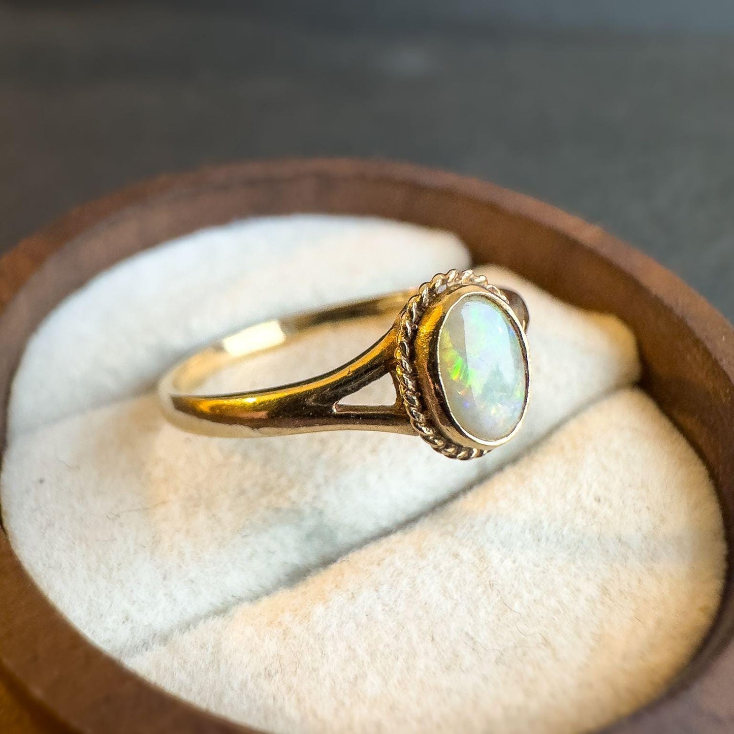 9ct Solid Gold Opal Ring | Vintage UK O US 7.25 | English Hallmarked Classic Gold Band with Oval Opal Gemstone | Unique Gift Jewelry |