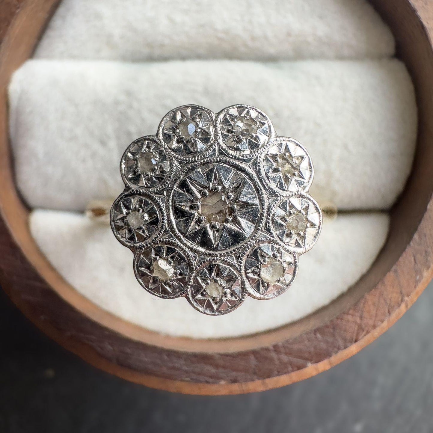 18ct Solid Gold & Platinum Antique Diamond Ring | 1920s Old Cut Diamond Cluster Ring | UK N 1/2 - US 7 | Antique Heirloom Jewelry |Resizable
