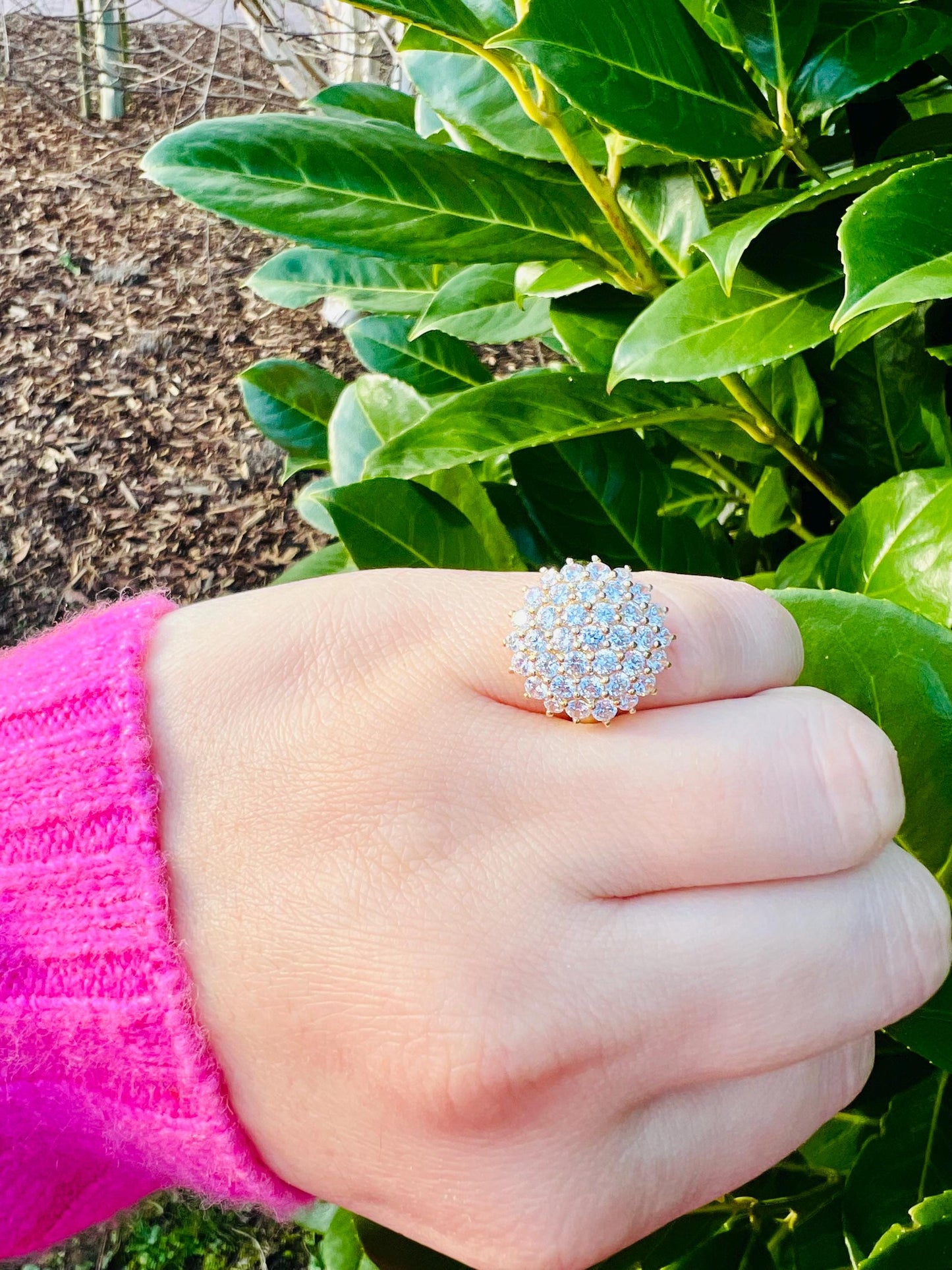 Vintage 14ct Gold Zirconia Cluster Ring Stunning Sparkling Design | English Hallmarks | UK N 1/2 - US 7 | Resizable
