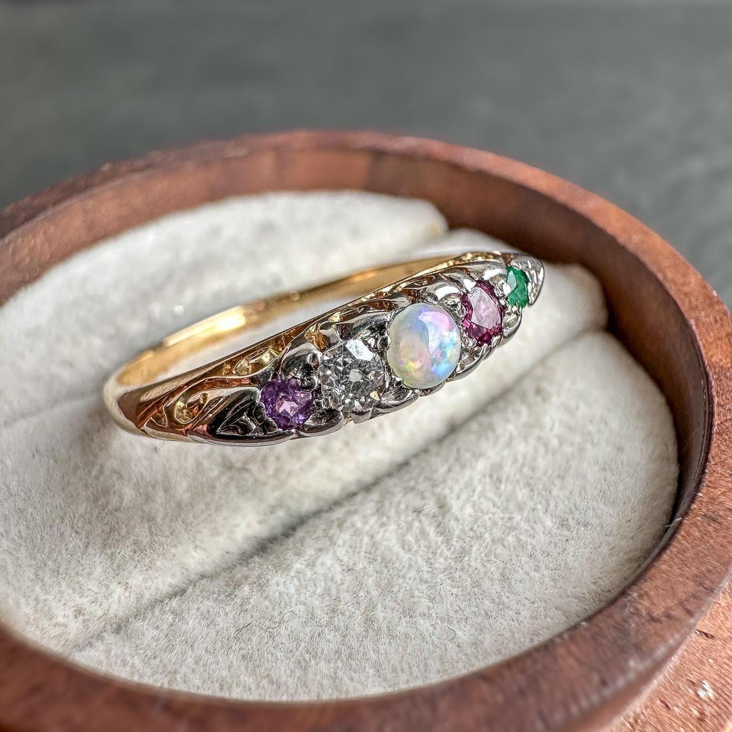 Antique Victorian 18ct Gold ADORE Ring | Opal, Diamond, Ruby, Emerald & Amethyst Gemstone Band | Unique Anniversary Gift | UK P - US 7.5