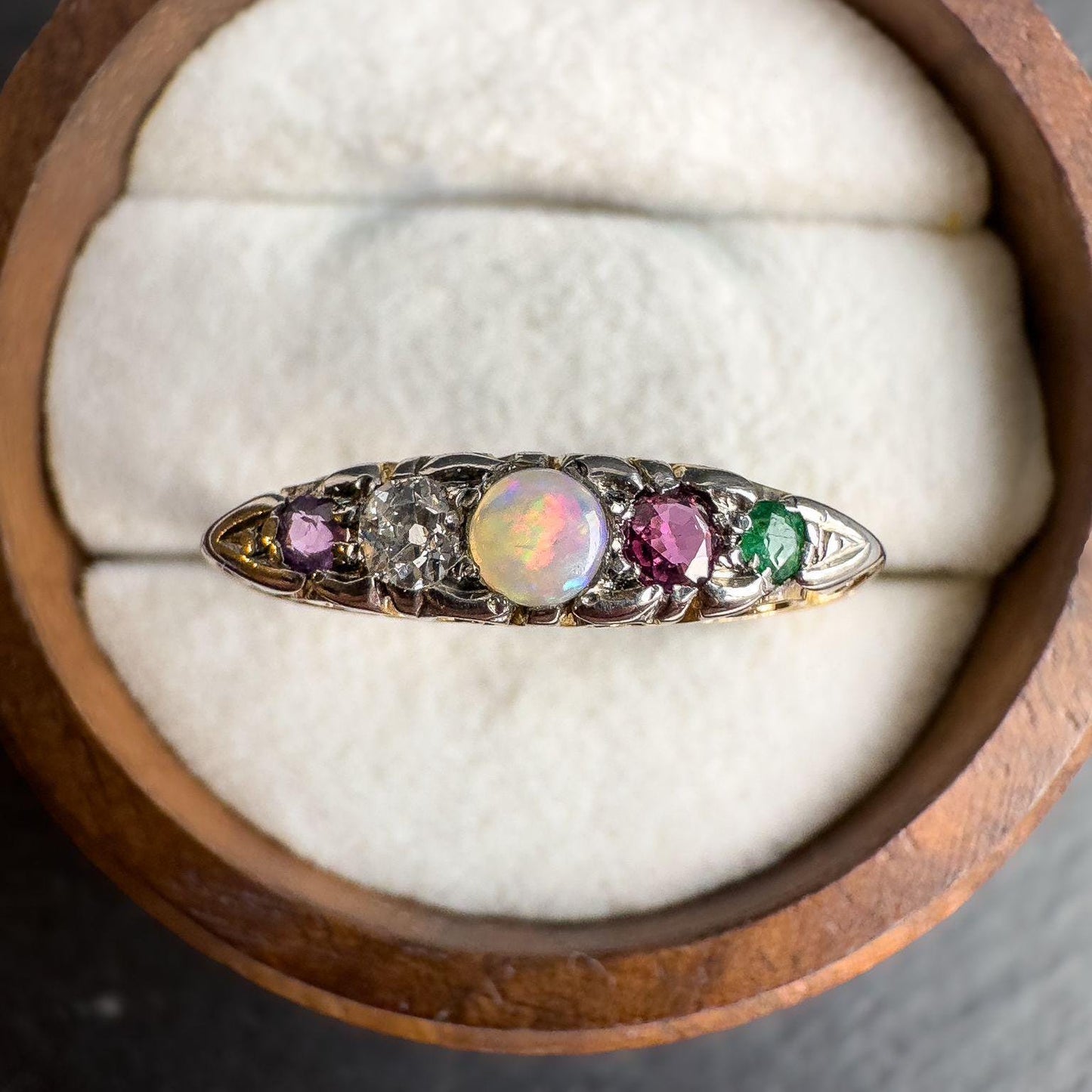Antique Victorian 18ct Gold ADORE Ring | Opal, Diamond, Ruby, Emerald & Amethyst Gemstone Band | Unique Anniversary Gift | UK P - US 7.5