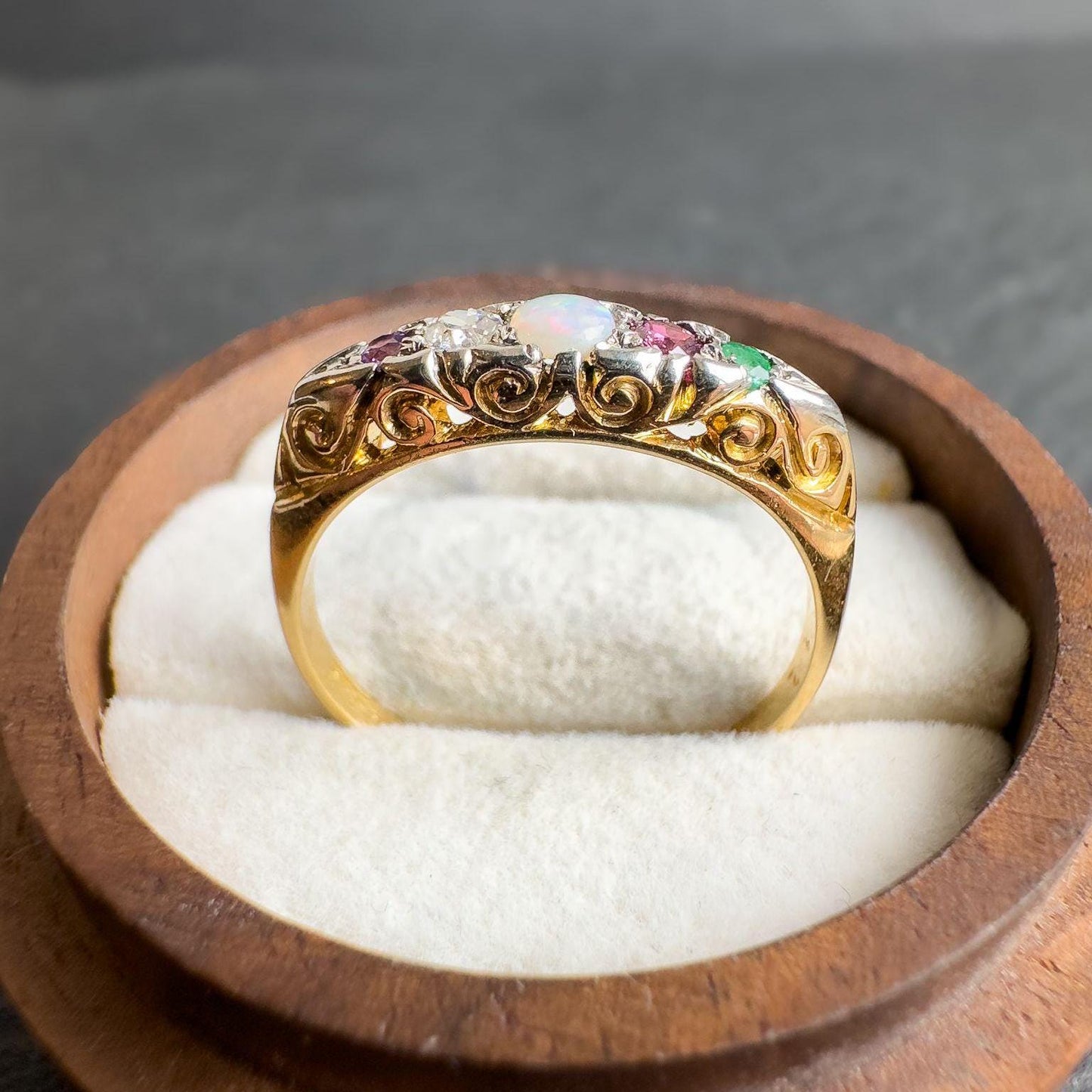 Antique Victorian 18ct Gold ADORE Ring | Opal, Diamond, Ruby, Emerald & Amethyst Gemstone Band | Unique Anniversary Gift | UK P - US 7.5