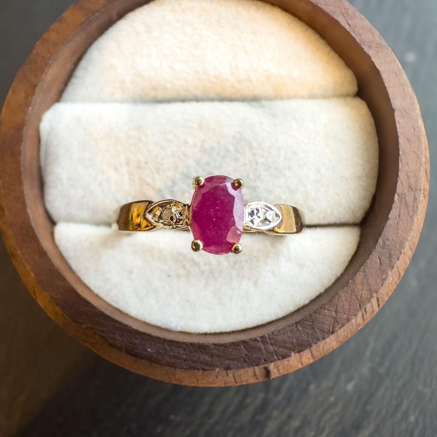 Vintage 9ct Gold Ruby and Diamond Ring | Elegant Oval Ruby with Sparkling Diamonds | UK N / US 6.75 | Resizable