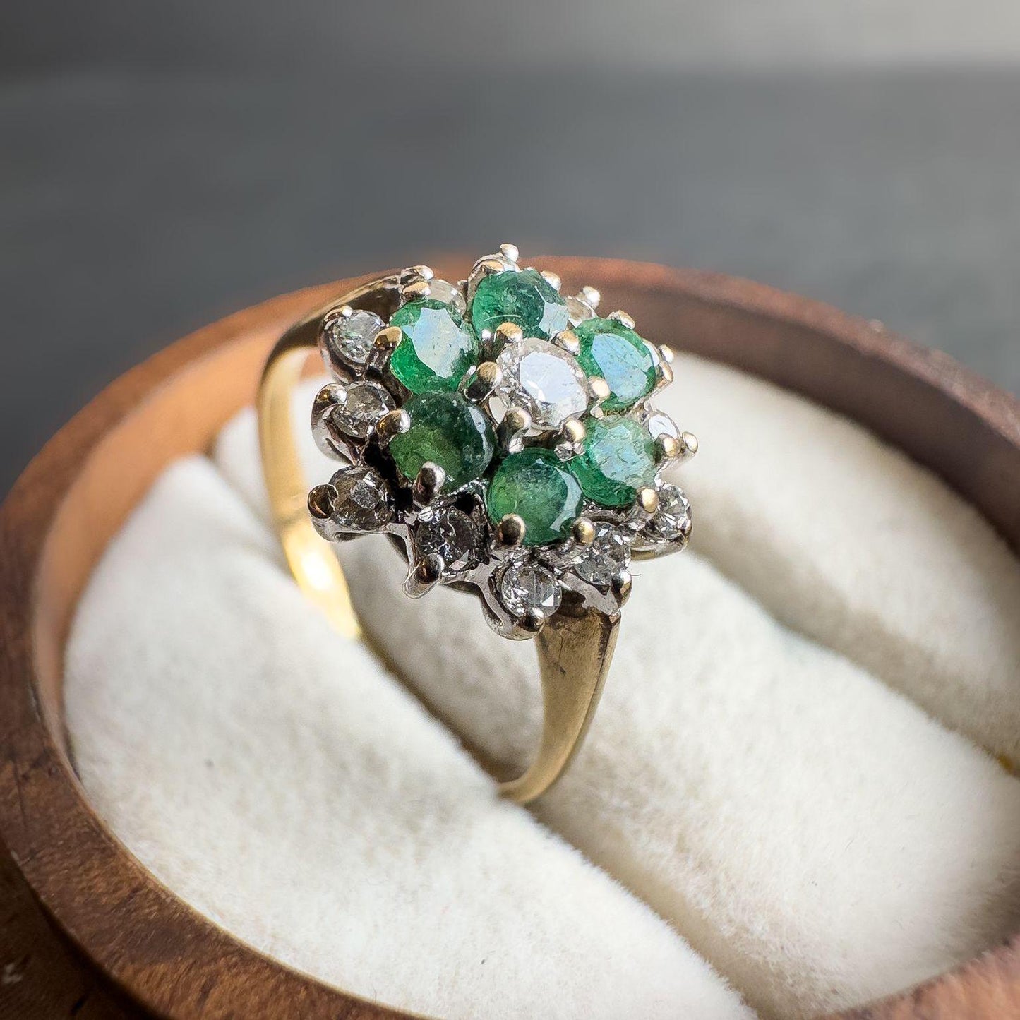 1980s Vintage 9ct Gold Emerald & Diamond Ring | Retro Cluster Flower Ring | Solid Gold Jewelry | May Birthstone Gift | English Hallmarked