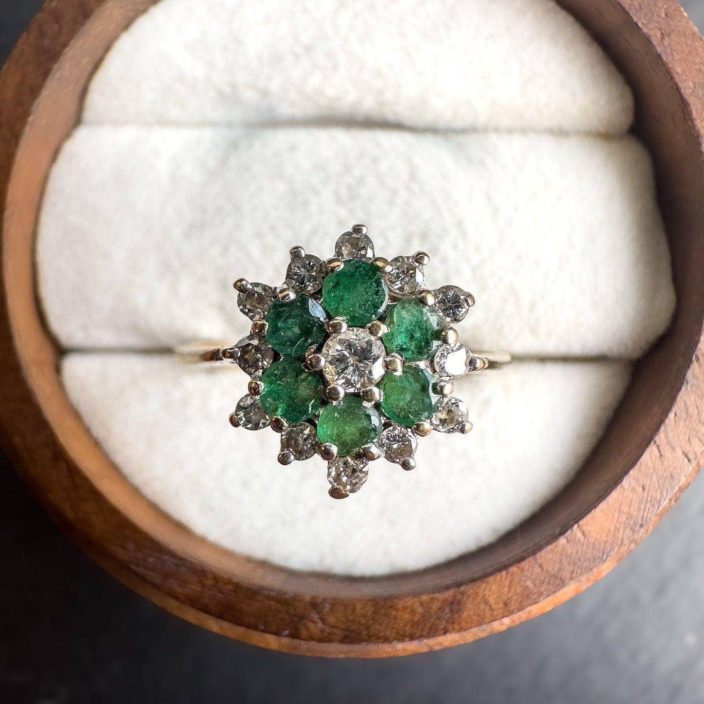 1980s Vintage 9ct Gold Emerald & Diamond Ring | Retro Cluster Flower Ring | Solid Gold Jewelry | May Birthstone Gift | English Hallmarked