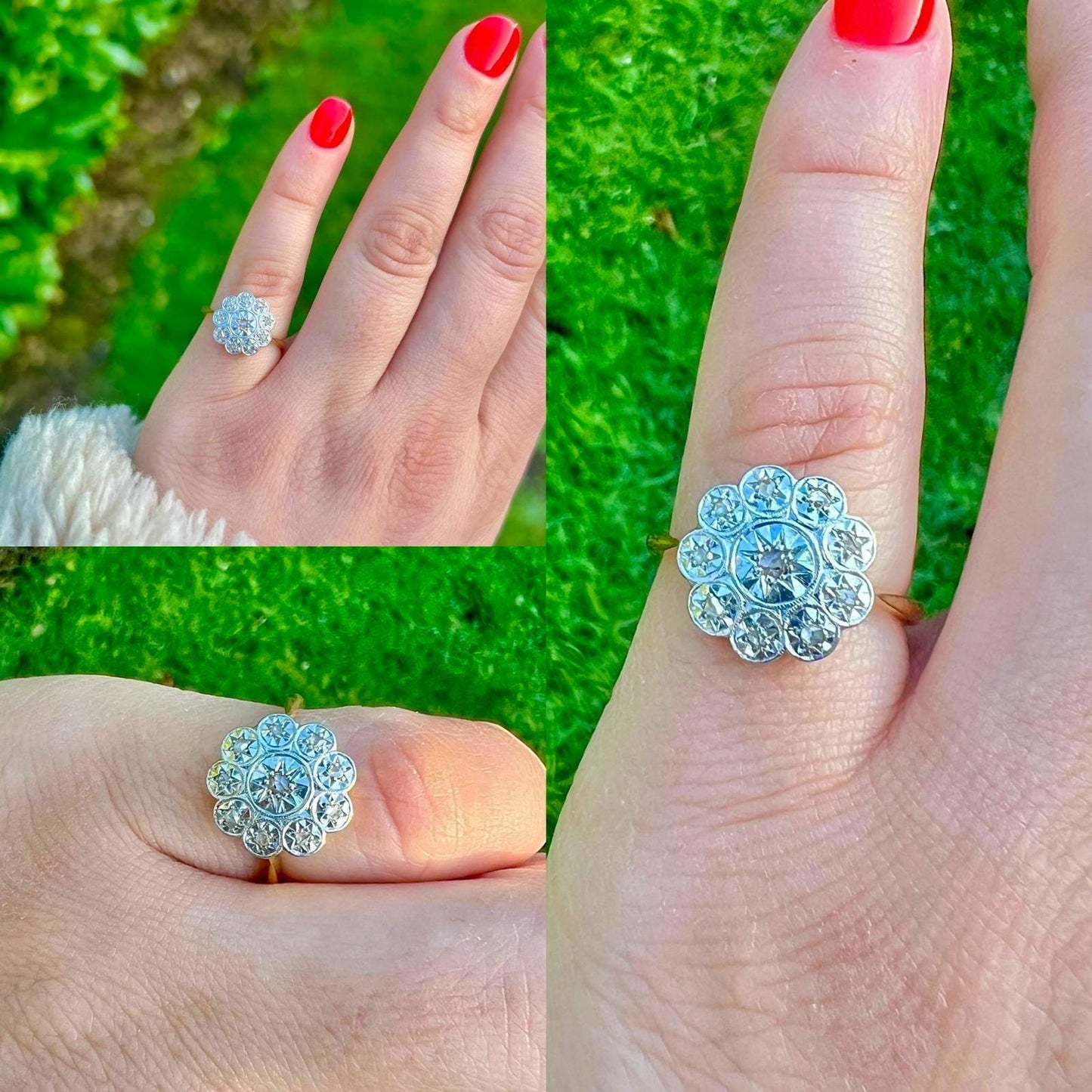 18ct Solid Gold & Platinum Antique Diamond Ring | 1920s Old Cut Diamond Cluster Ring | UK N 1/2 - US 7 | Antique Heirloom Jewelry |Resizable