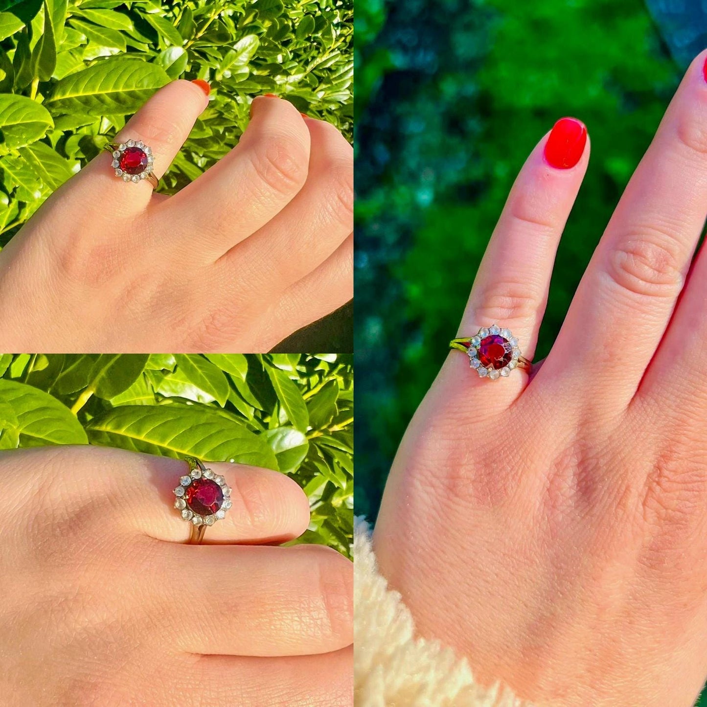 Vintage 9ct Solid Gold Garnet and White Topaz Ring | UK O - US 7.25 | Stunning Cluster Design | Solid Gold Ring | Resizable |