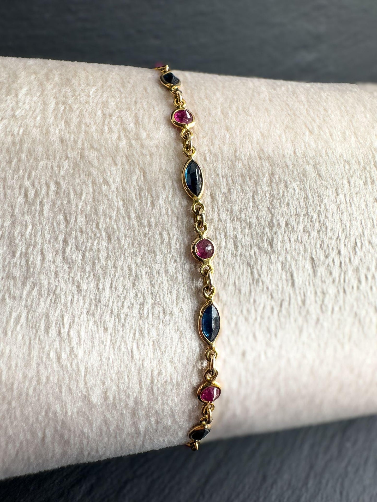 Vintage 9ct Solid Gold Sapphire & Ruby Bracelet |Elegant Gold Link Bracelet |Retro Fine Jewelry |9K Gold Chain Bracelet | English Hallmarked