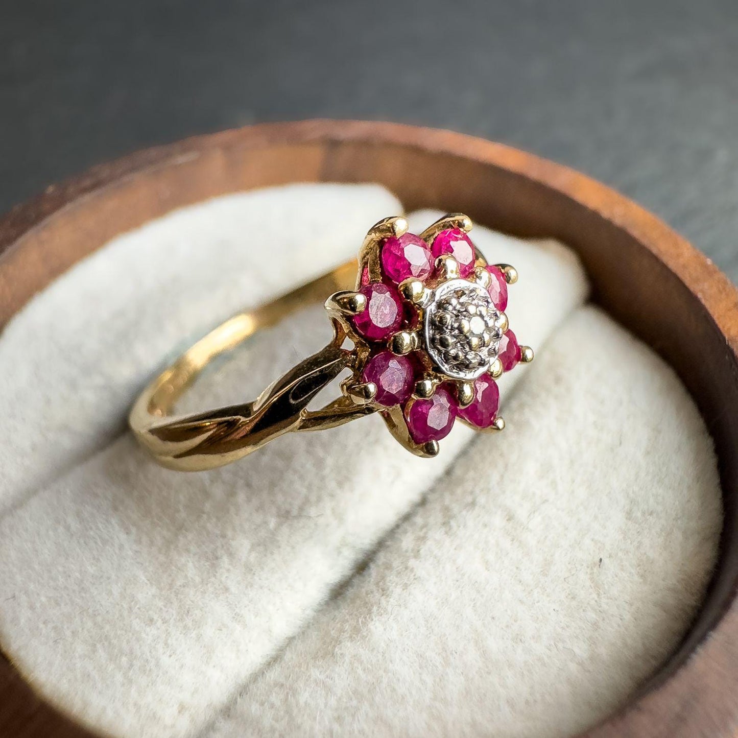 Vintage 9ct Solid Gold Ruby & Diamond Cluster Ring | Vintage Ruby and Diamond Flower Ring | 9ct Gold Jewelry | English Hallmarked | UK L |